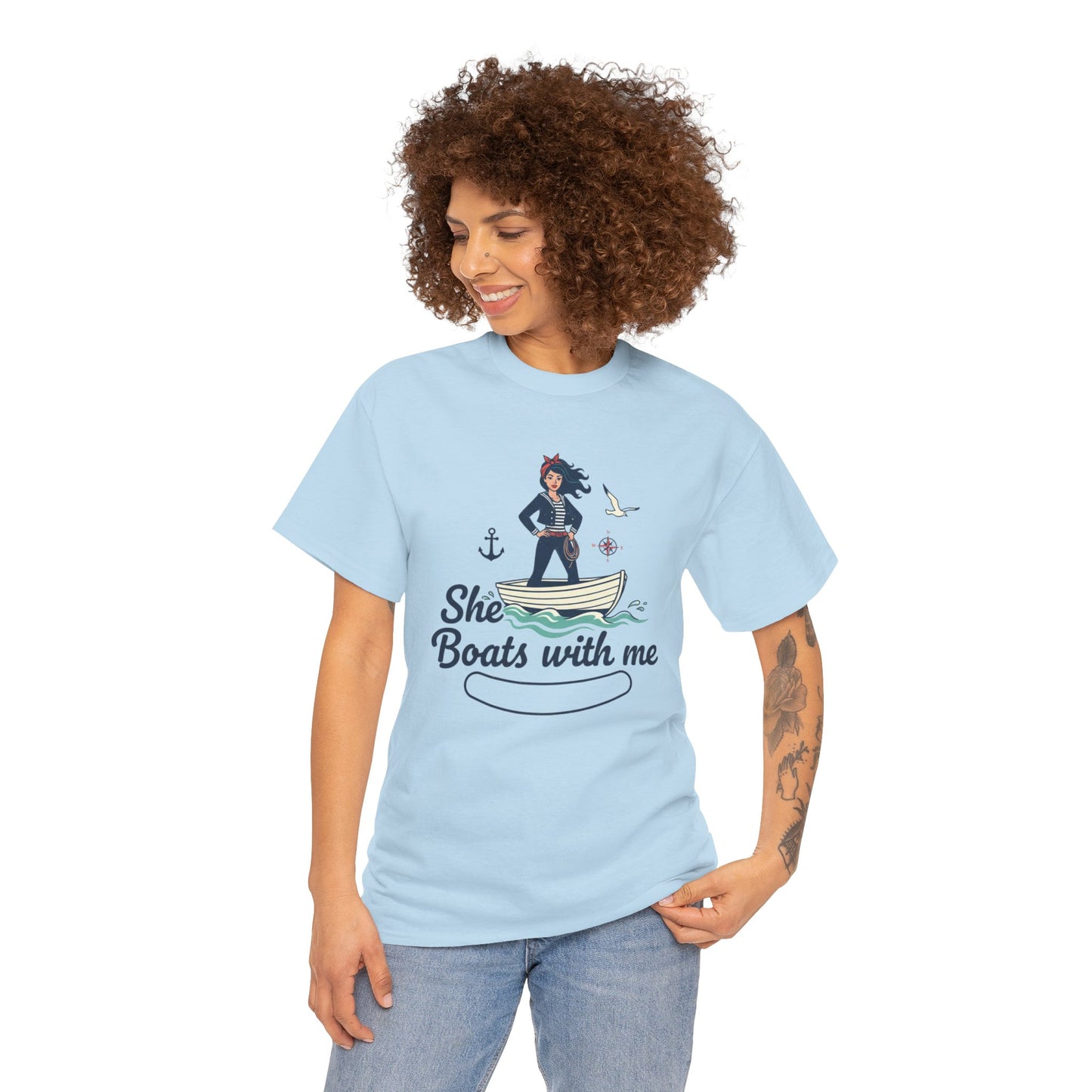 T-Shirt — "She Boats With Me" Nautical Couple Tee Printify