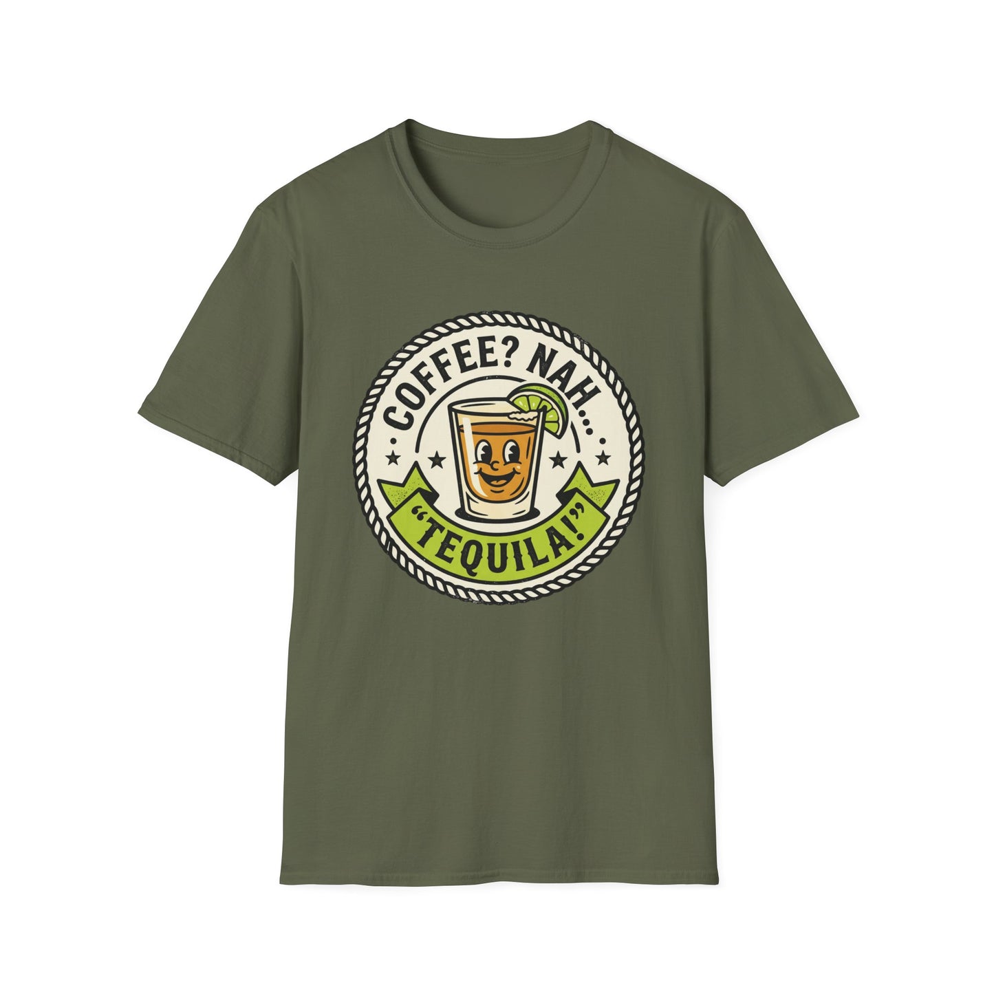 Coffee? Nah, Tequila! T-Shirt – Funny Shot Glass Graphic Tee for Party Lovers