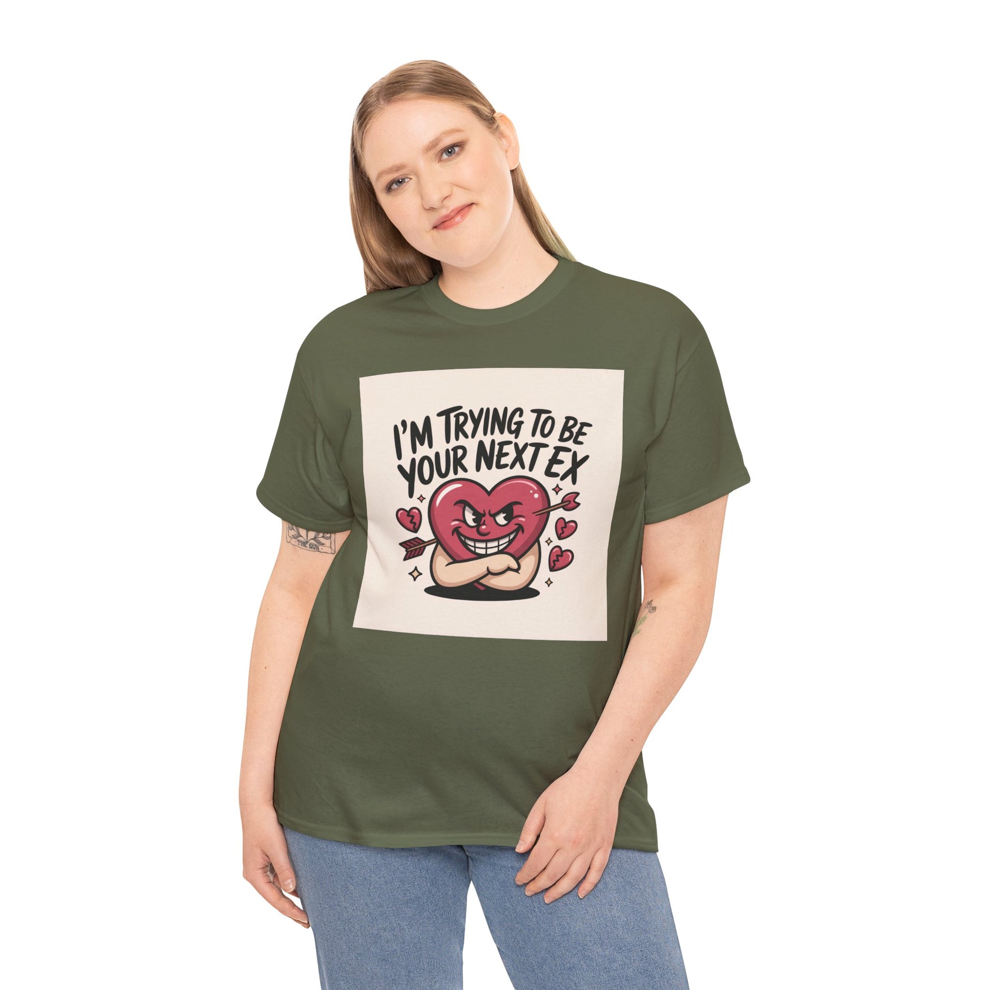Valentine Heart Character Tee — "I'm Trying To Be Your Next Ex" Graphic T-Shirt Printify