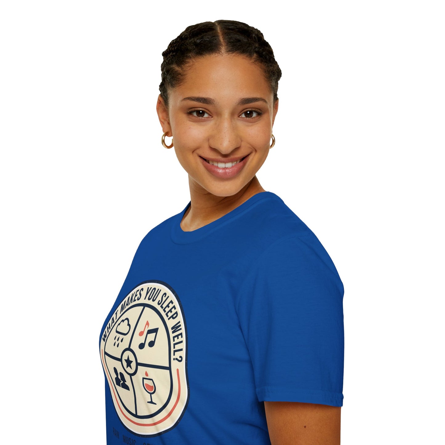 "What Makes You Sleep Well?" Rain, Music, Sex, Drink Graphic-Sleep Essentials T‑Shirt