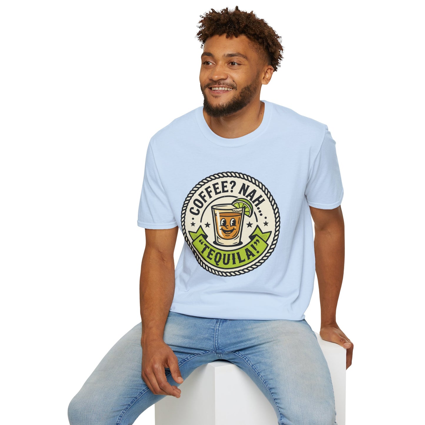 Coffee? Nah, Tequila! T-Shirt – Funny Shot Glass Graphic Tee for Party Lovers