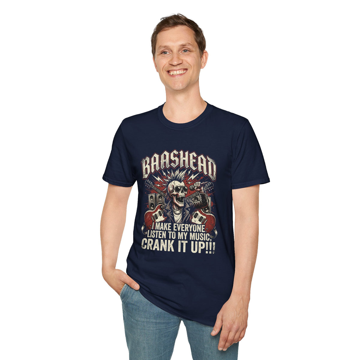 Basshead Skull T-Shirt — “I Make Everyone Listen to My Music, Crank It Up!” Guitar & Speaker Rock Tee
