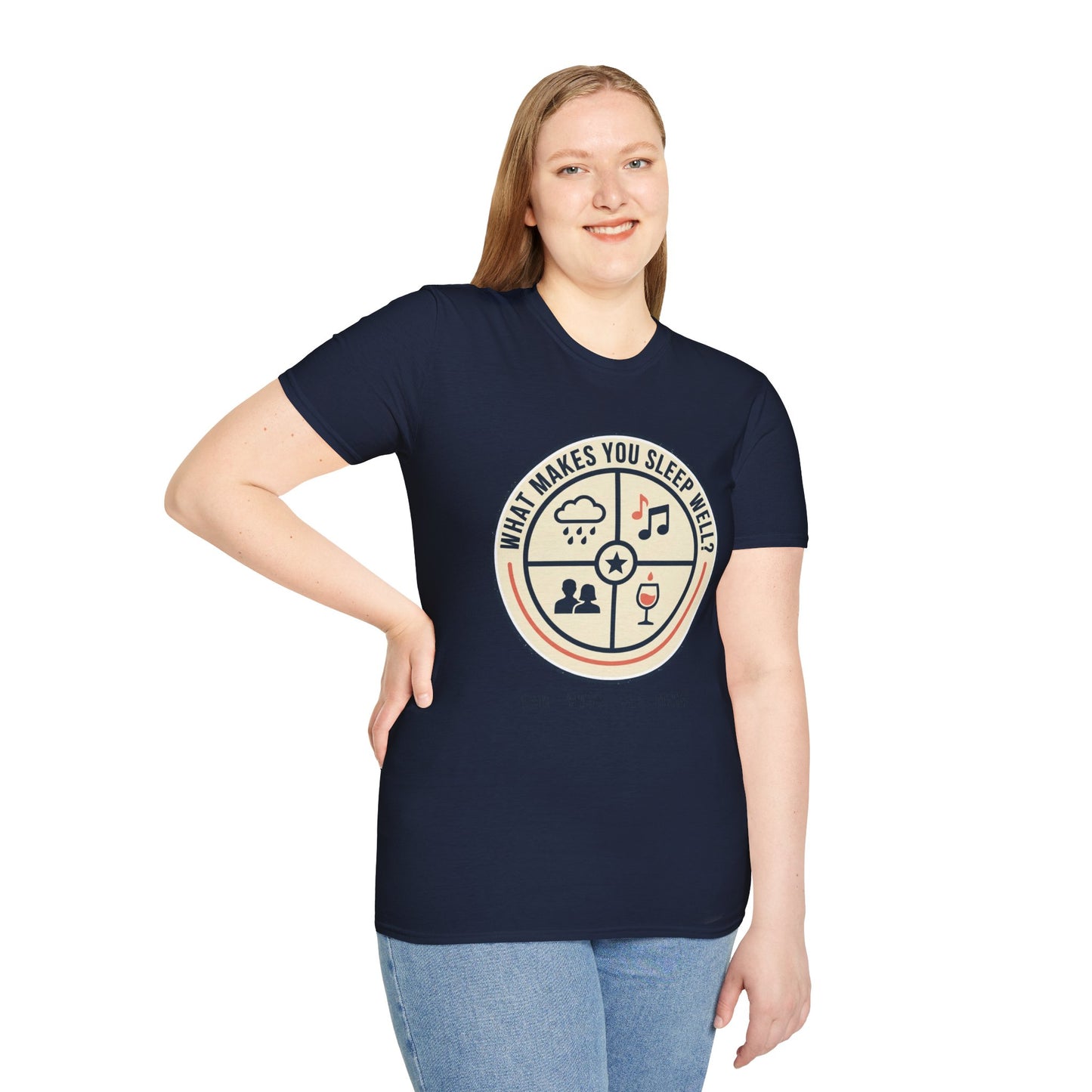 "What Makes You Sleep Well?" Rain, Music, Sex, Drink Graphic-Sleep Essentials T‑Shirt