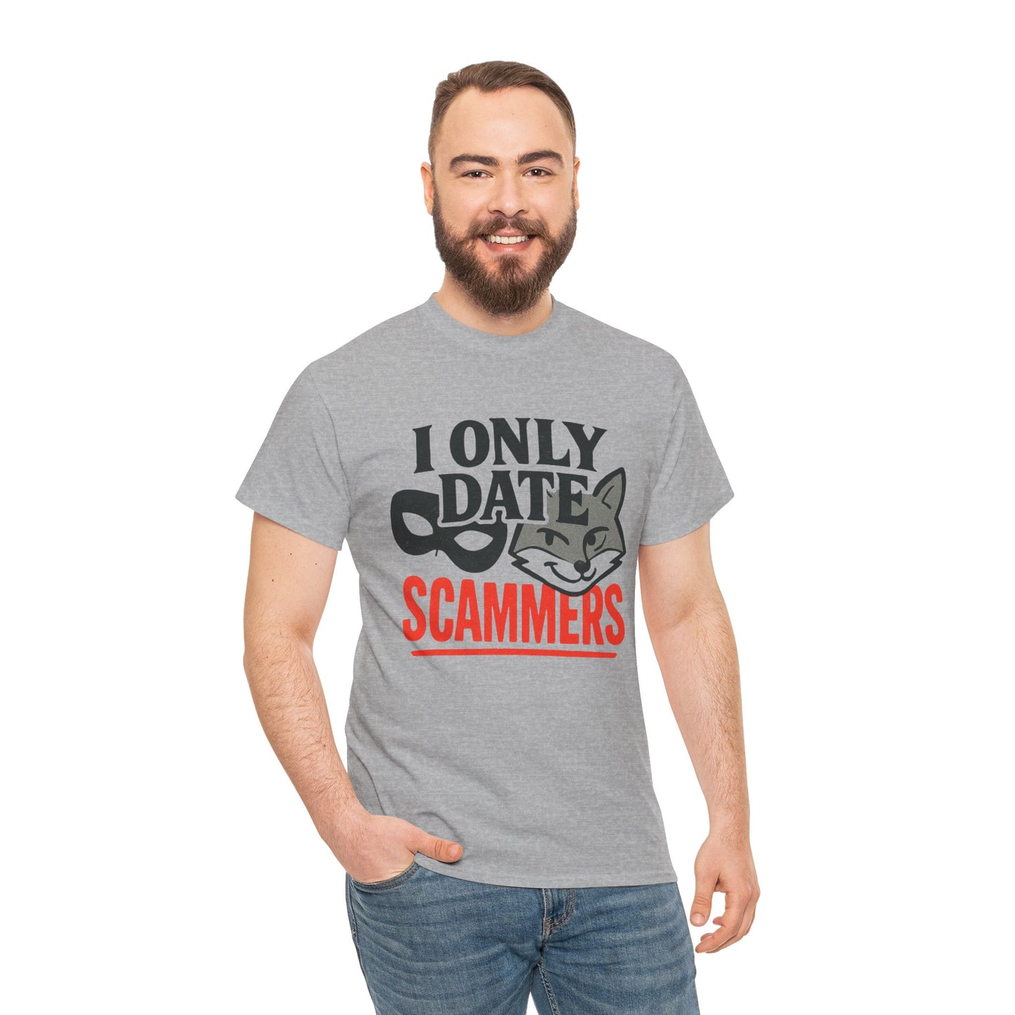 T-Shirt — I Only Date Scammers Graphic Tee (Funny Cat Mask Design)