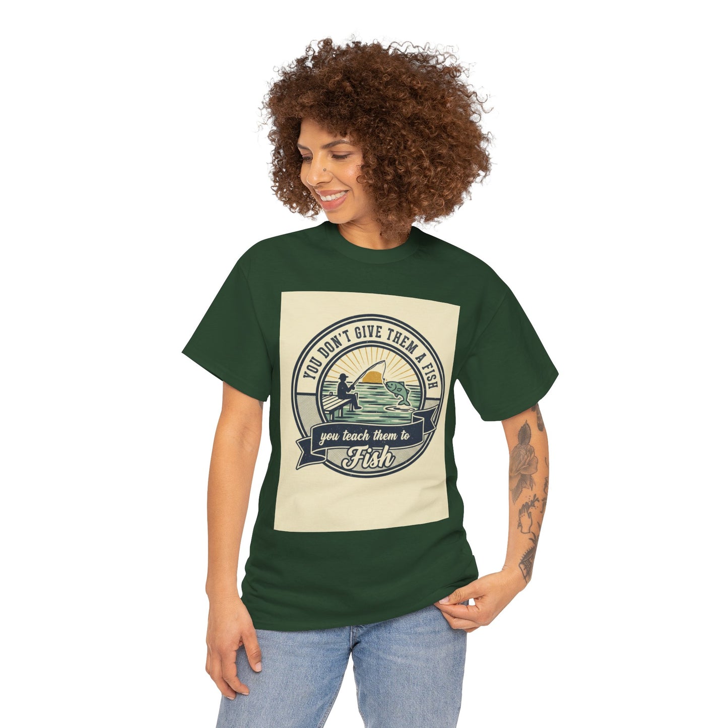 Fishing Vintage Badge T-Shirt — "You Don’t Give Them a Fish, You Teach Them to Fish" Graphic Tee