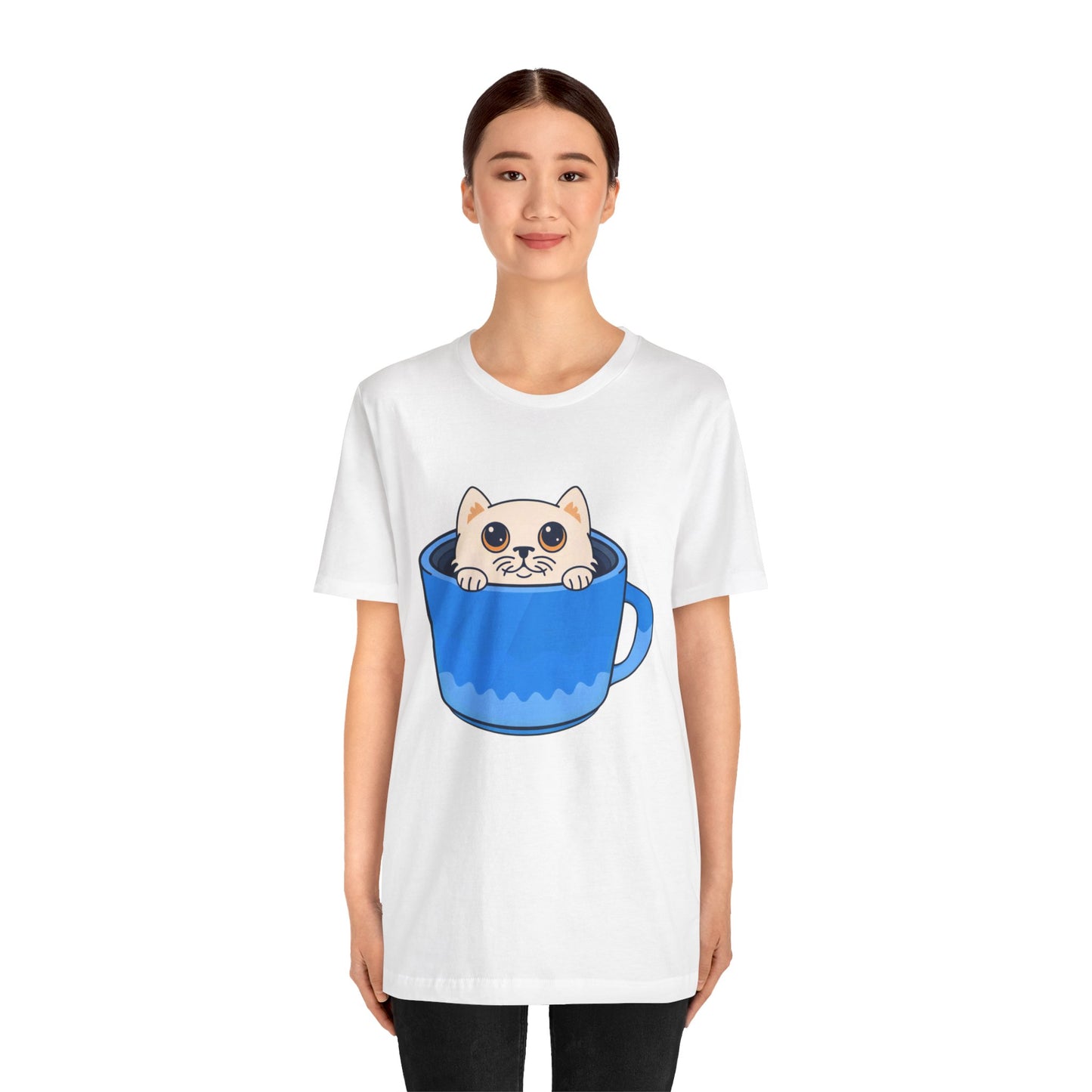 Cat in a Blue Mug T‑Shirt — Cute Kawaii Kitten Tee