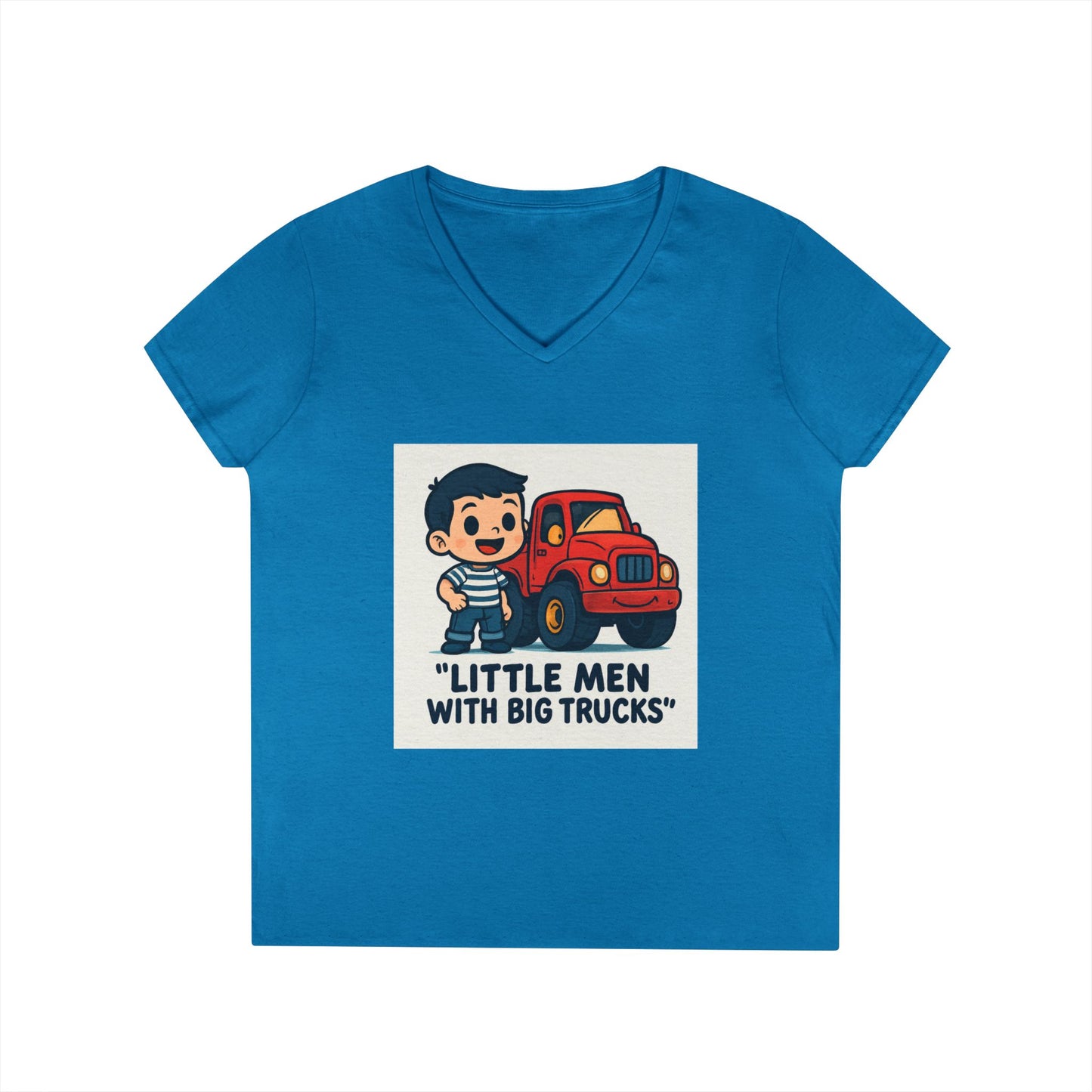 Ladies' V-Neck T-Shirt — "Little Men with Big Trucks" Cute Retro Truck Tee for Kids & Moms Printify