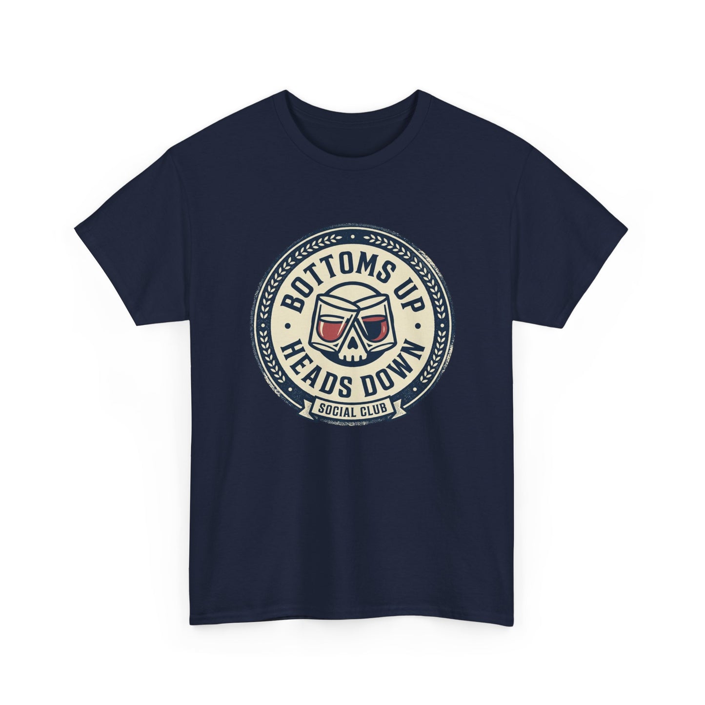 "Bottoms Up Heads Down" Skull Beer Logo Tee