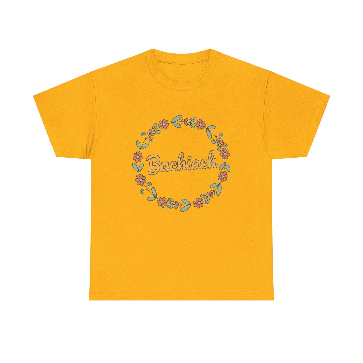 Buchiach Floral Wreath T-Shirt — Retro Script Garden Tee Printify