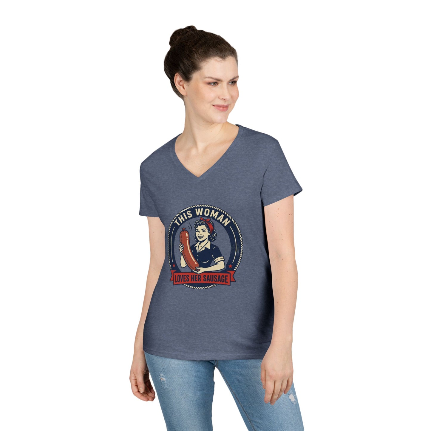Ladies' V-Neck T-Shirt — "This Woman Loves Her Sausage" Retro Graphic Tee