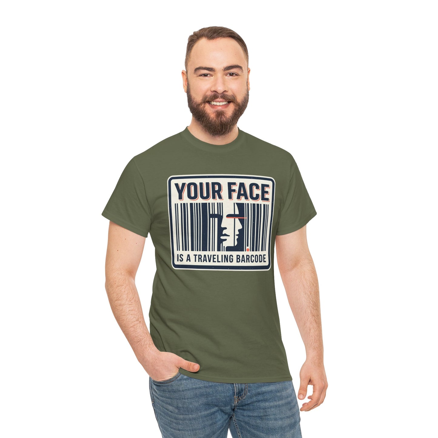 "Your Face Is a Traveling Barcode" Graphic Tee