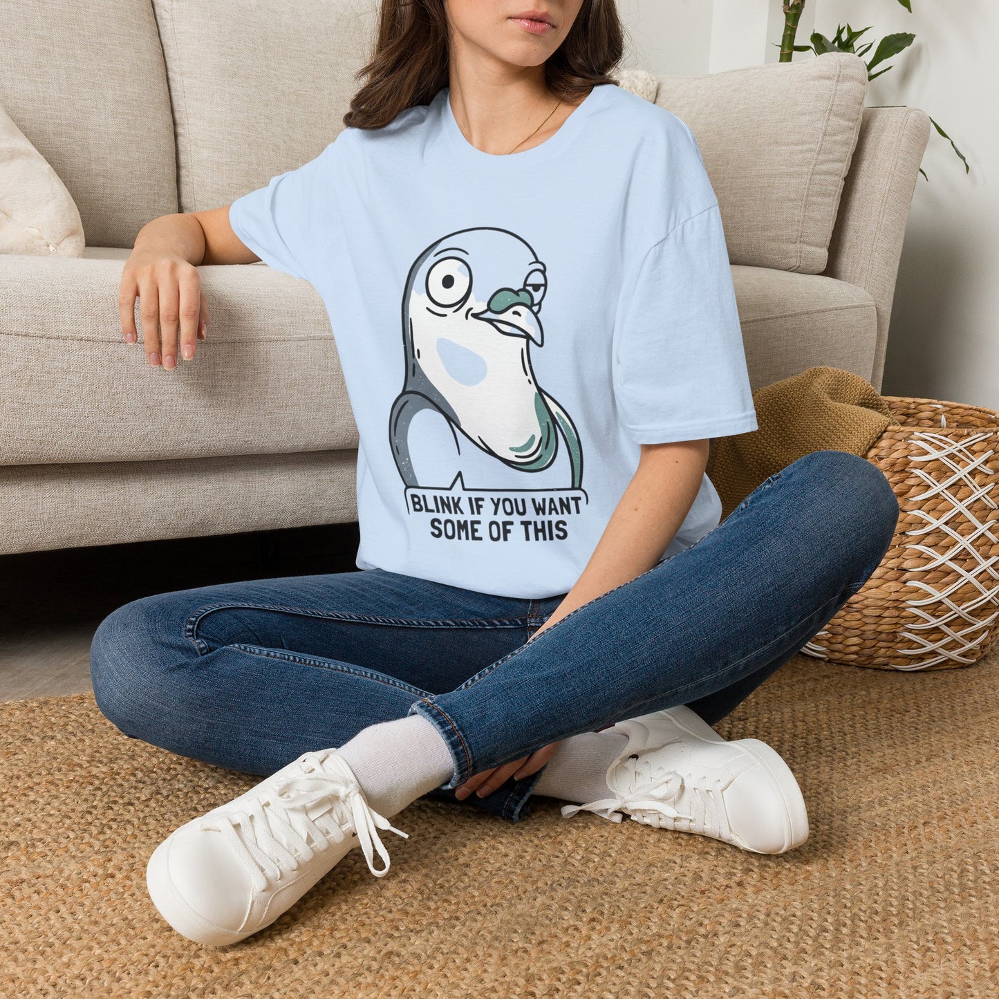 Pigeon Meme T‑Shirt — “Blink If You Want Some Of This” Funny Graphic Tee