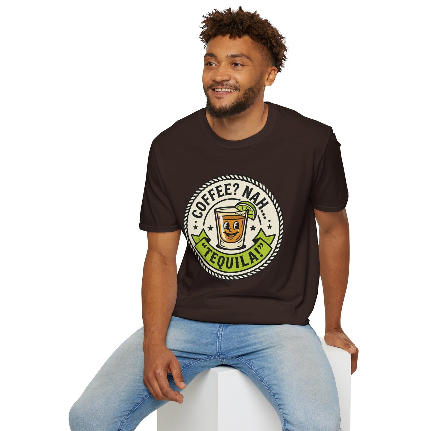 Coffee? Nah, Tequila! T-Shirt – Funny Shot Glass Graphic Tee for Party Lovers
