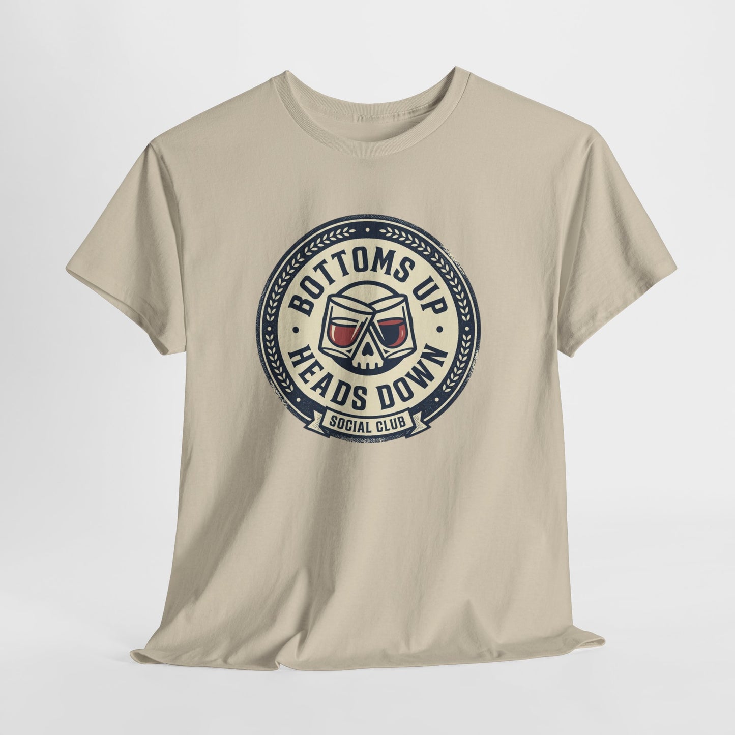 "Bottoms Up Heads Down" Skull Beer Logo Tee