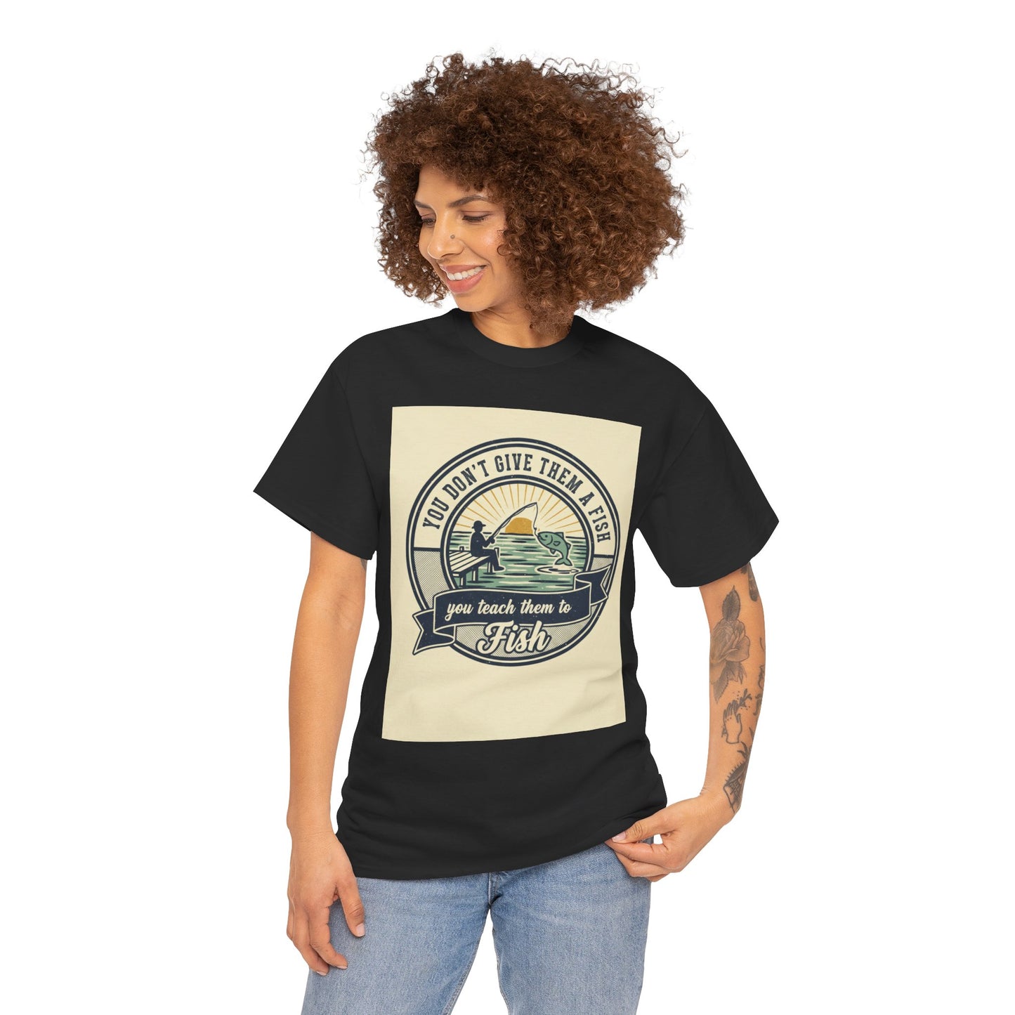 Fishing Vintage Badge T-Shirt — "You Don’t Give Them a Fish, You Teach Them to Fish" Graphic Tee