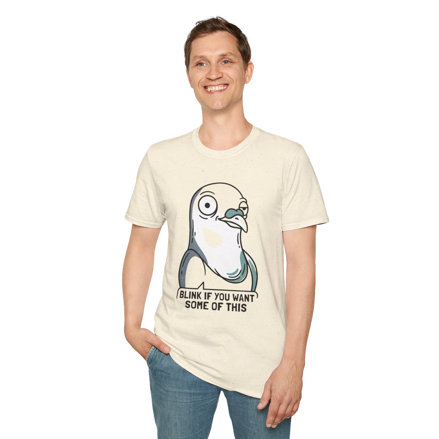 Pigeon Meme T‑Shirt — “Blink If You Want Some Of This” Funny Graphic Tee