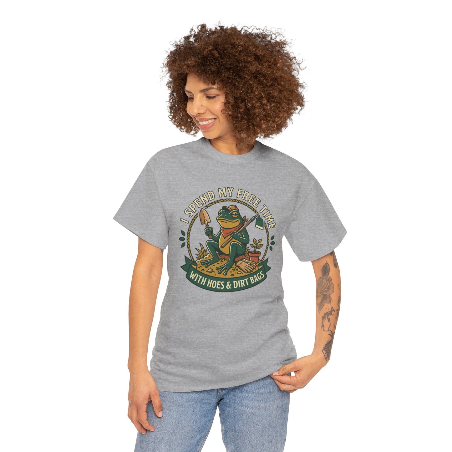 Gardening Frog T-Shirt — "I Spend My Free Time With Hoes & Dirt Bags" Funny Garden Tee