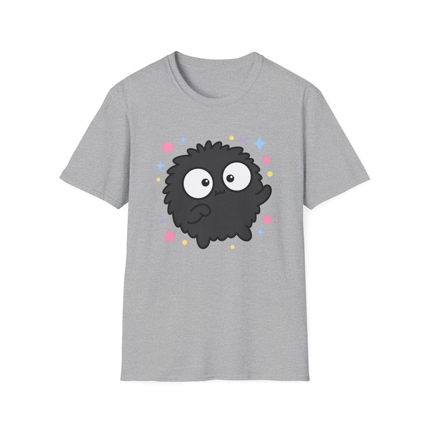 Cute Black Fuzzball T-Shirt — Kawaii Monster Tee with Stars
