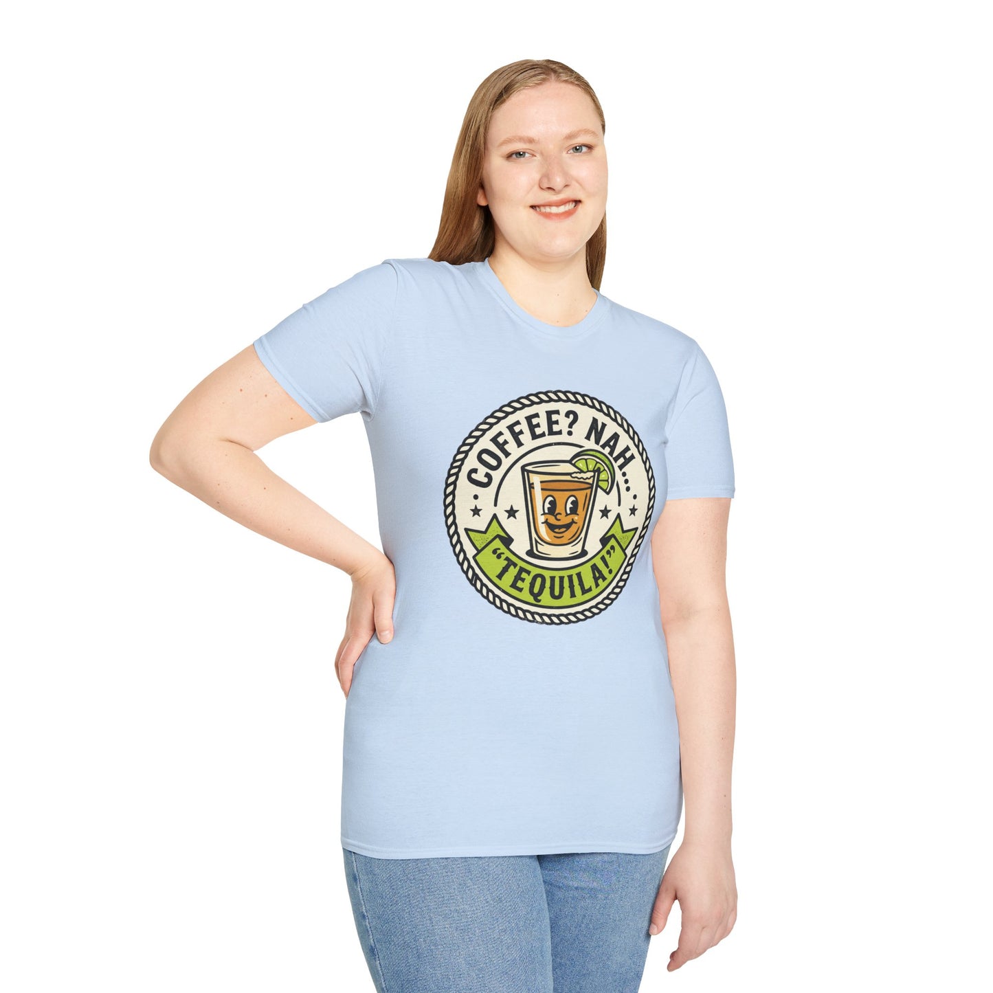 Coffee? Nah, Tequila! T-Shirt – Funny Shot Glass Graphic Tee for Party Lovers