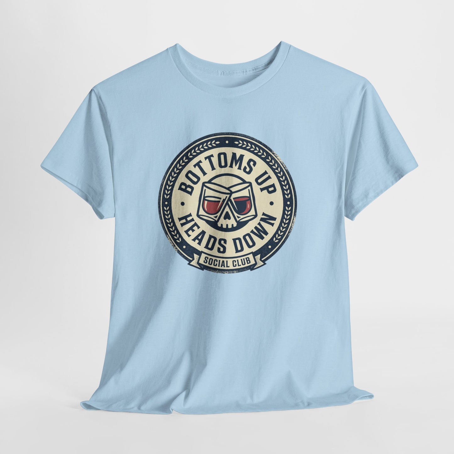 "Bottoms Up Heads Down" Skull Beer Logo Tee