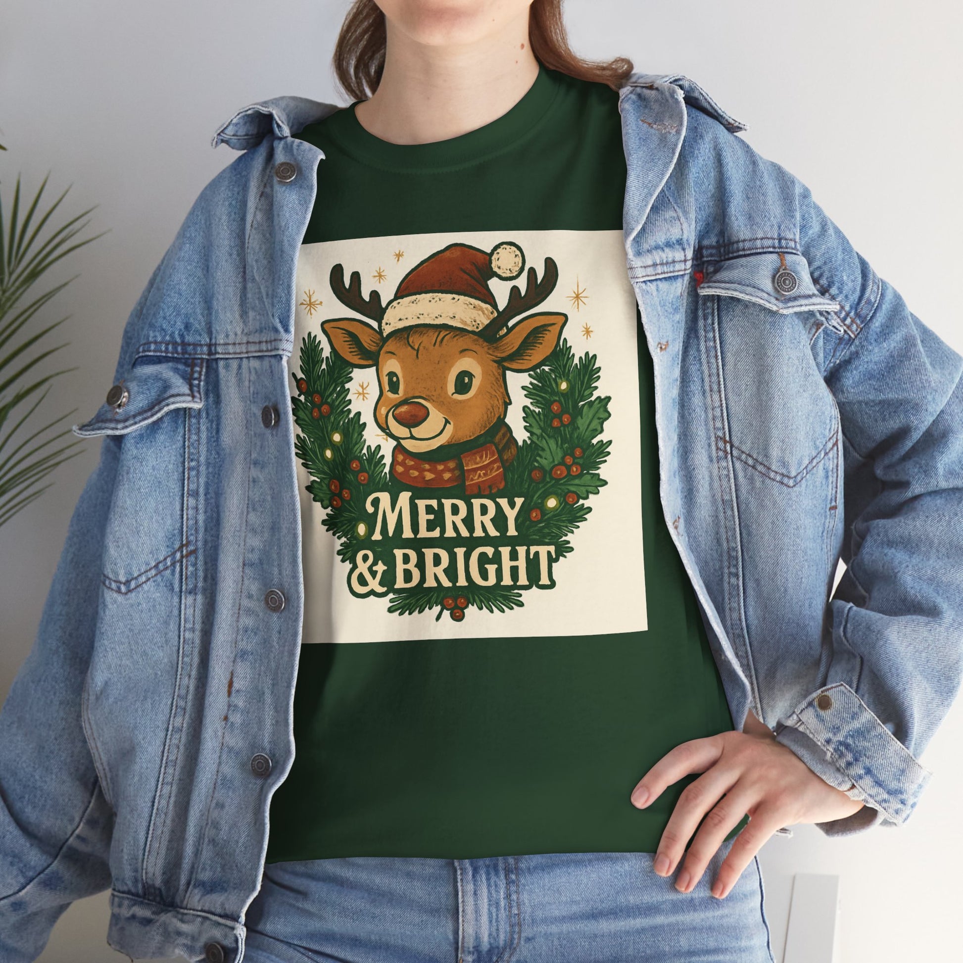 Merry & Bright Reindeer Christmas T-Shirt Printify