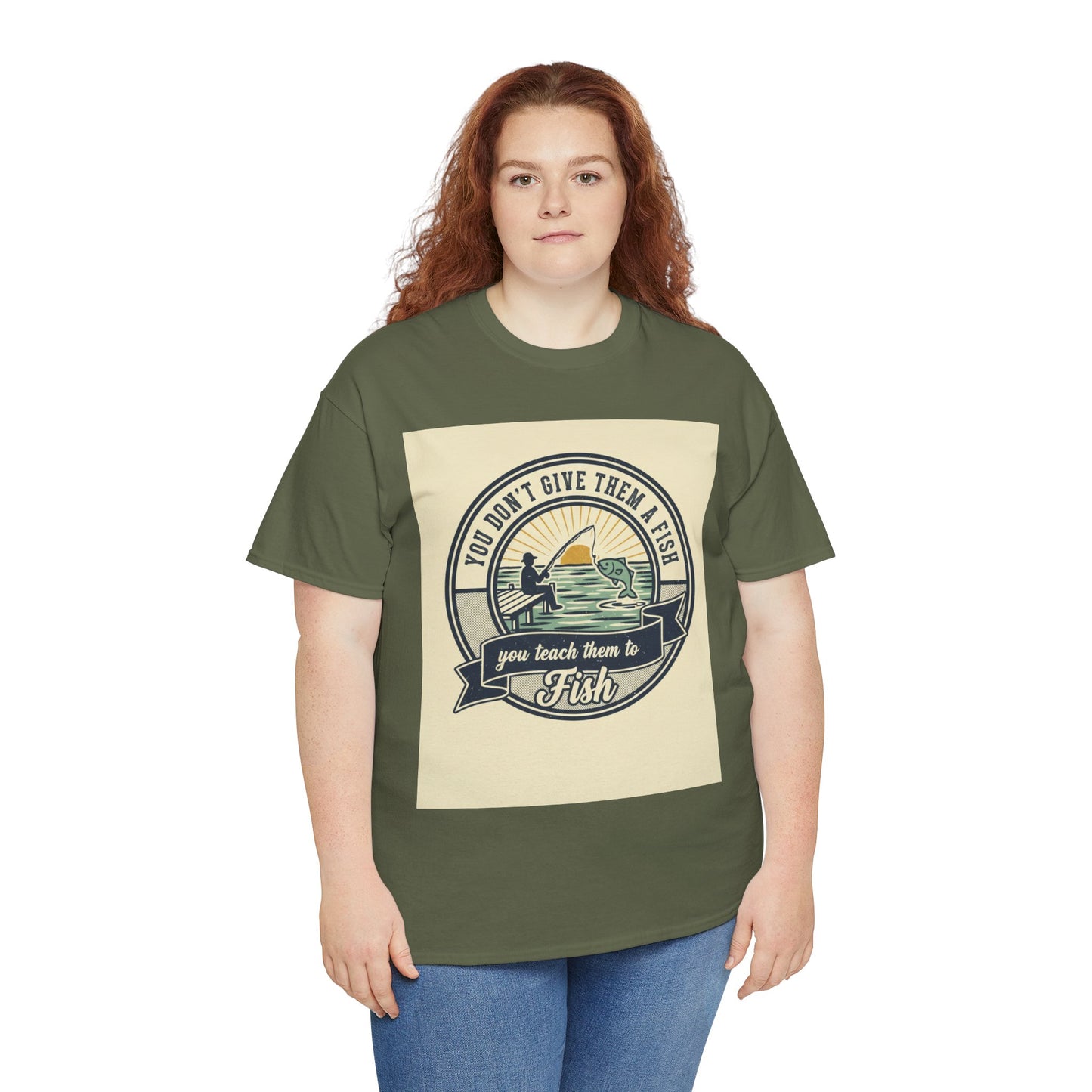 Fishing Vintage Badge T-Shirt — "You Don’t Give Them a Fish, You Teach Them to Fish" Graphic Tee