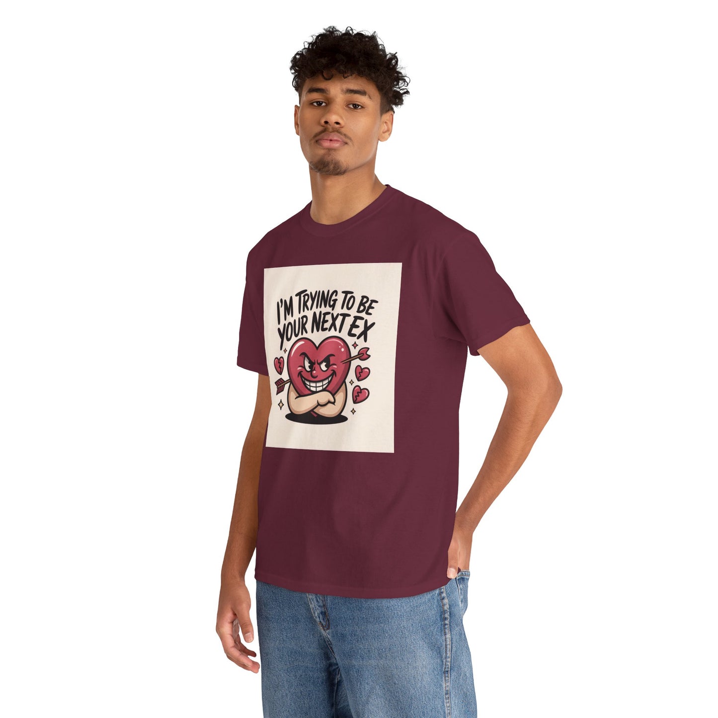 Valentine Heart Character Tee — "I'm Trying To Be Your Next Ex" Graphic T-Shirt Printify