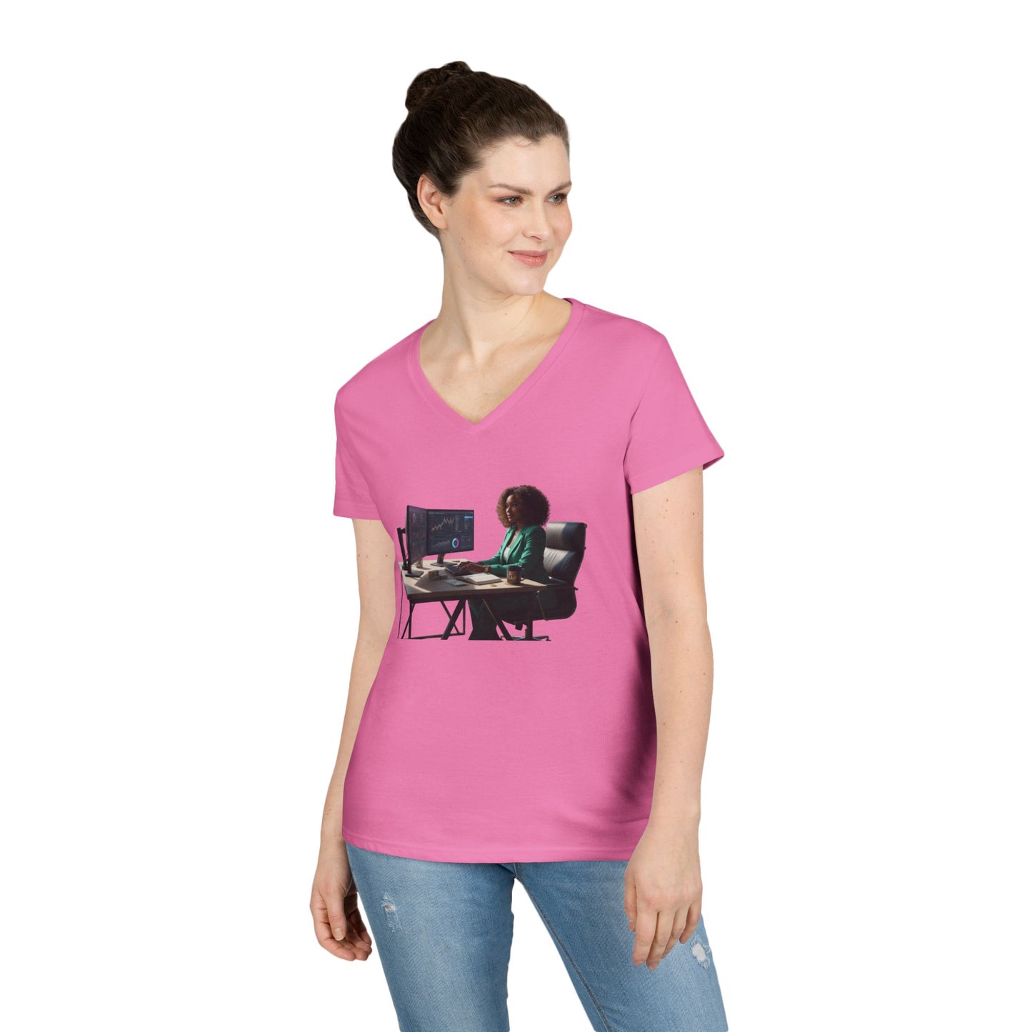 Programmer at Work V-Neck Tee — Female Coder Graphic Shirt