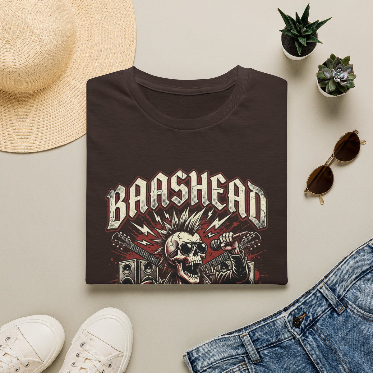 Basshead Skull T-Shirt — “I Make Everyone Listen to My Music, Crank It Up!” Guitar & Speaker Rock Tee