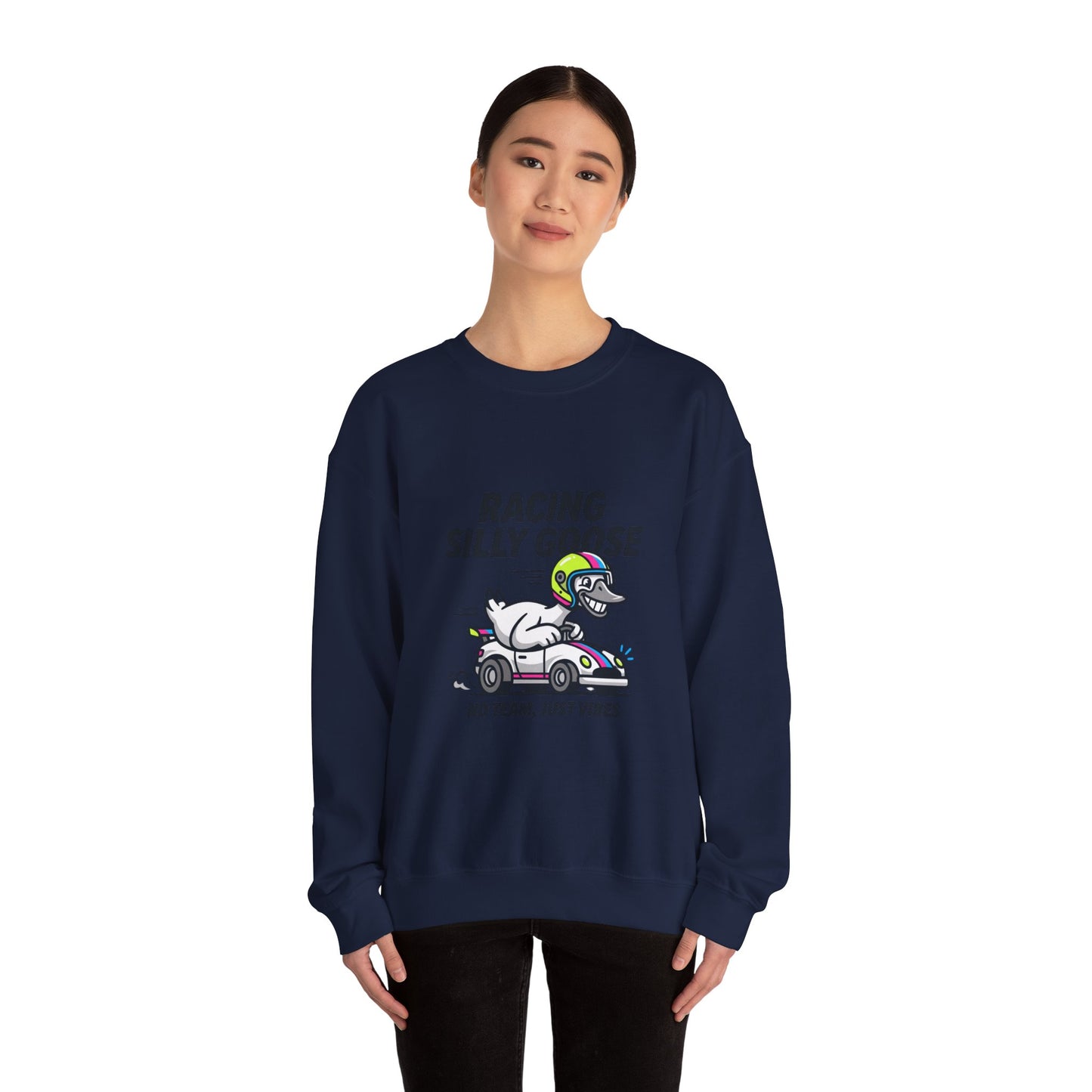 Racing Silly Goose Sweatshirt | motorsport parody, checkered pit crew vibe