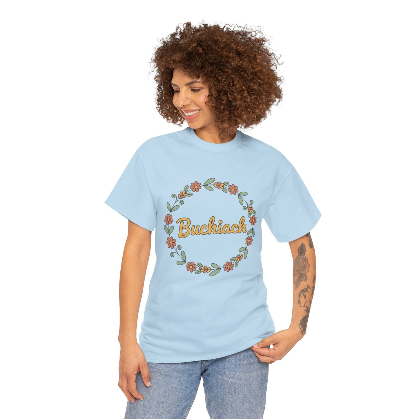 Buchiach Floral Wreath T-Shirt — Retro Script Garden Tee Printify