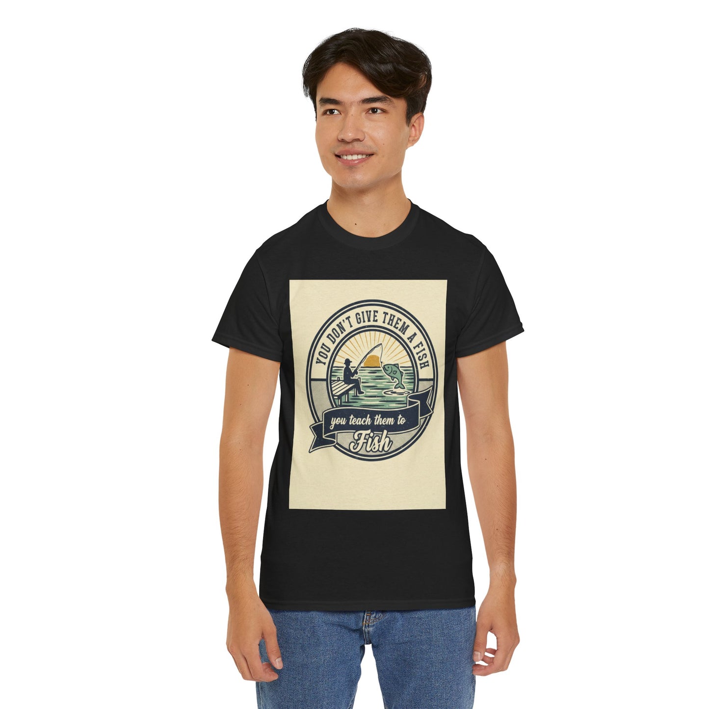 Fishing Vintage Badge T-Shirt — "You Don’t Give Them a Fish, You Teach Them to Fish" Graphic Tee