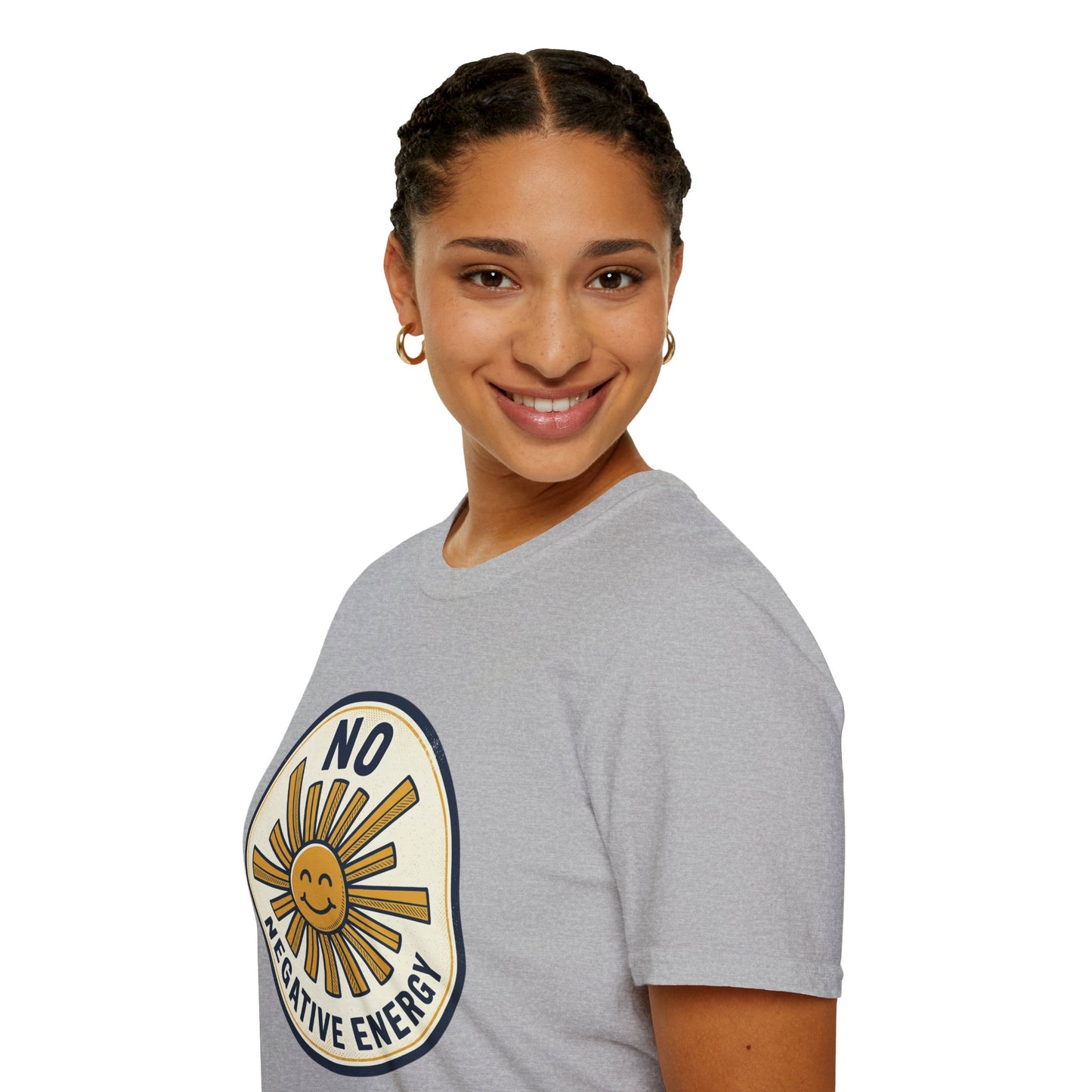 No Negative Energy T-Shirt — Retro Smiling Sun Positive Vibes Tee