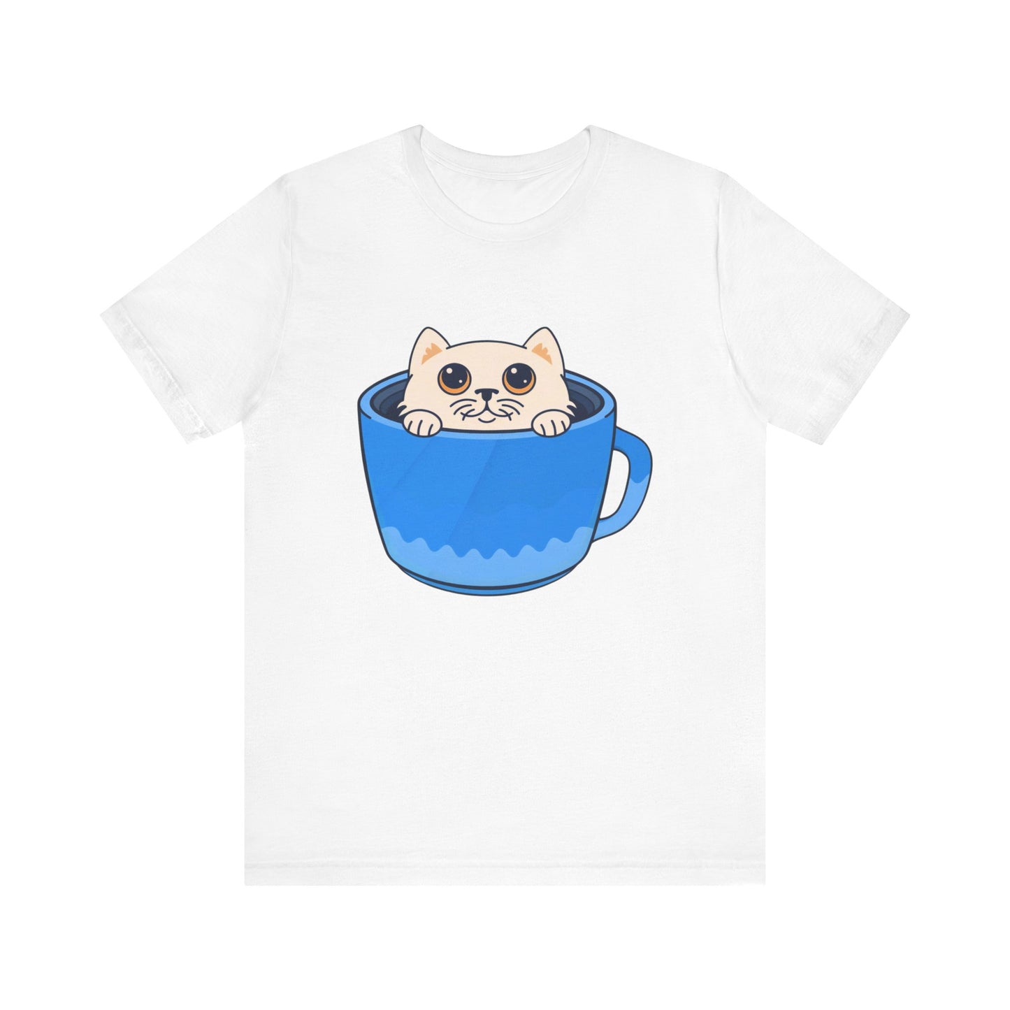 Cat in a Blue Mug T‑Shirt — Cute Kawaii Kitten Tee