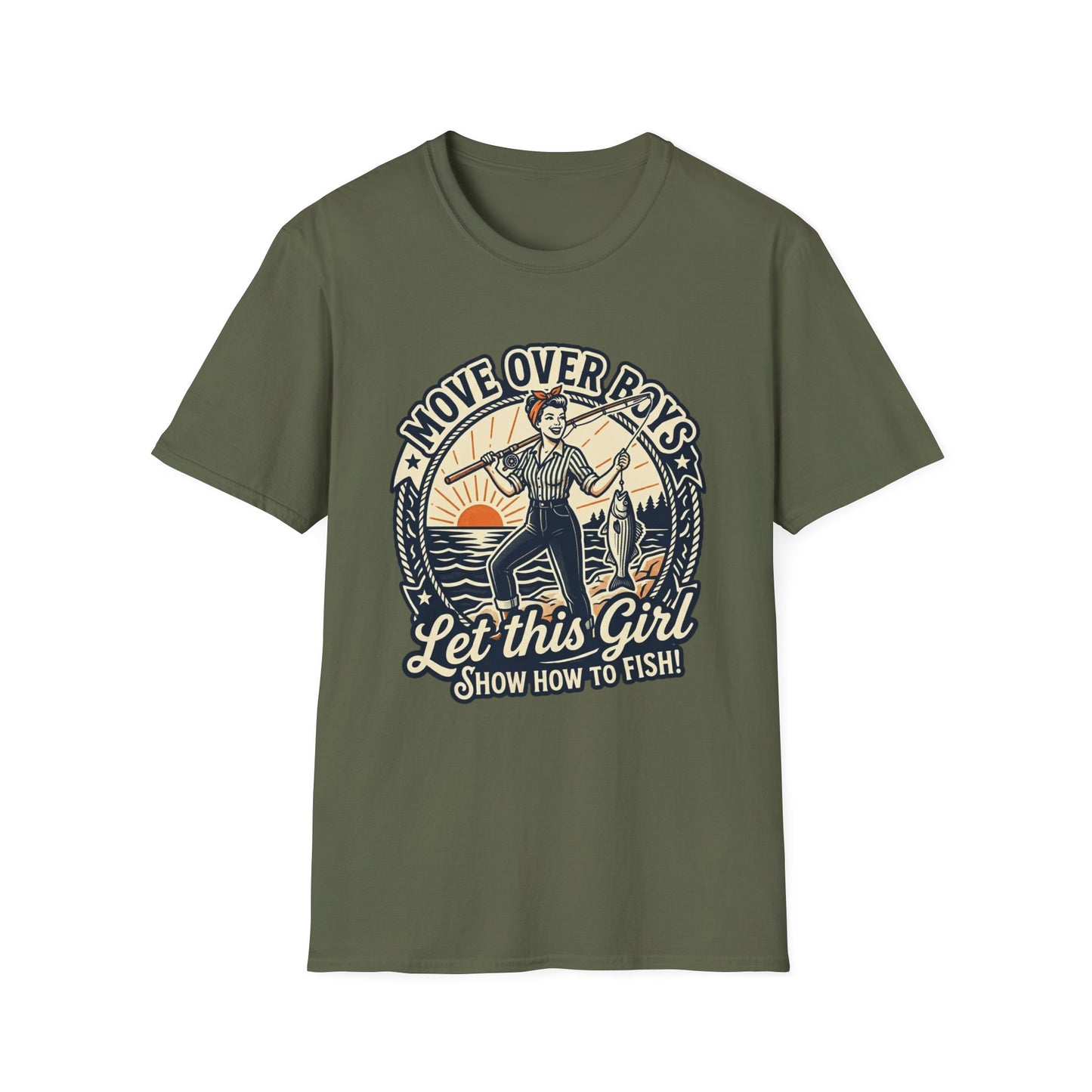 "Move Over Boys, Let This Girl Show How to Fish" Vintage Design - Fishing T-Shirt