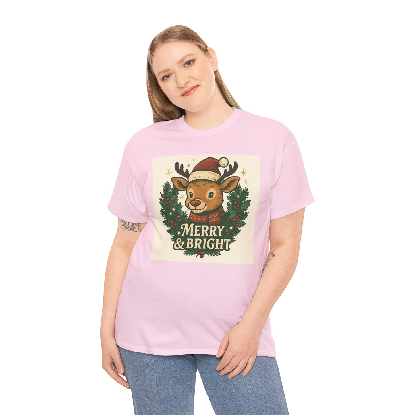 Merry & Bright Reindeer Christmas T-Shirt Printify