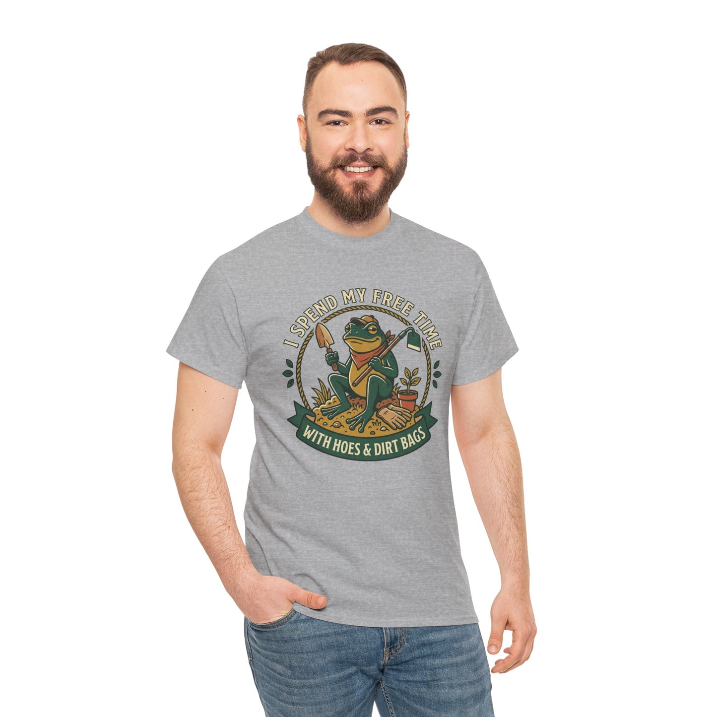 Gardening Frog T-Shirt — "I Spend My Free Time With Hoes & Dirt Bags" Funny Garden Tee