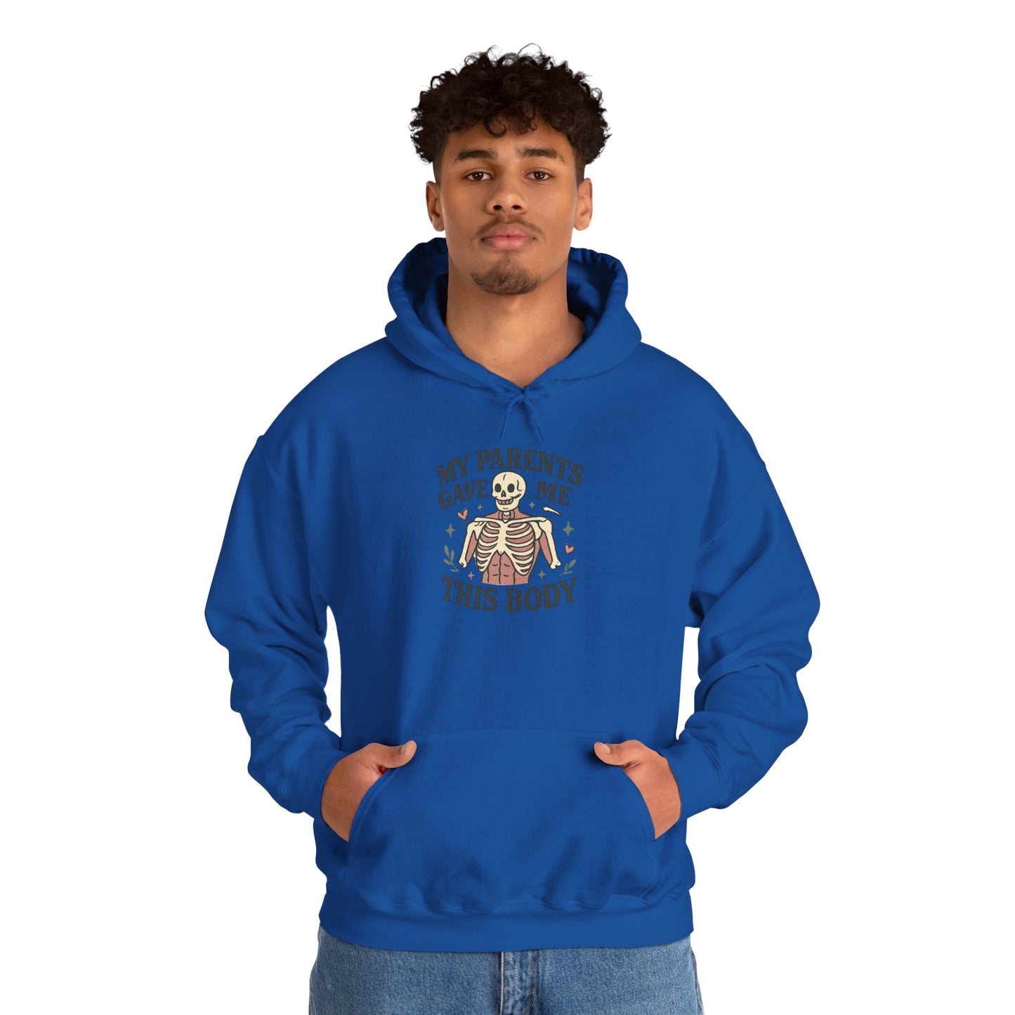 Skeleton Graphic Hoodie — "My Parents Gave Me This Body" Funny Halloween Pullover