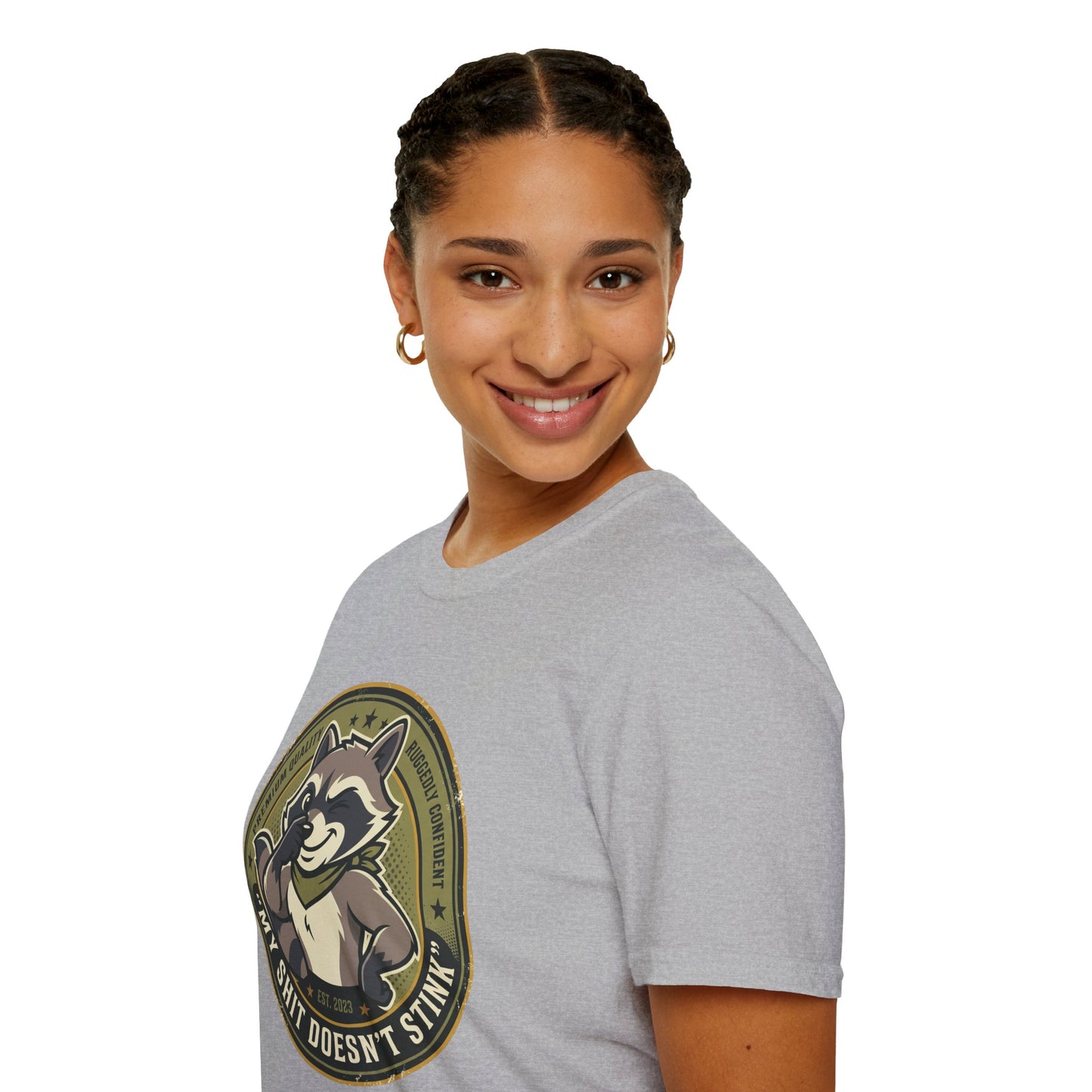 Raccoon Badge T-Shirt — "My Shit Doesn't Stink" Funny Graphic Tee Printify