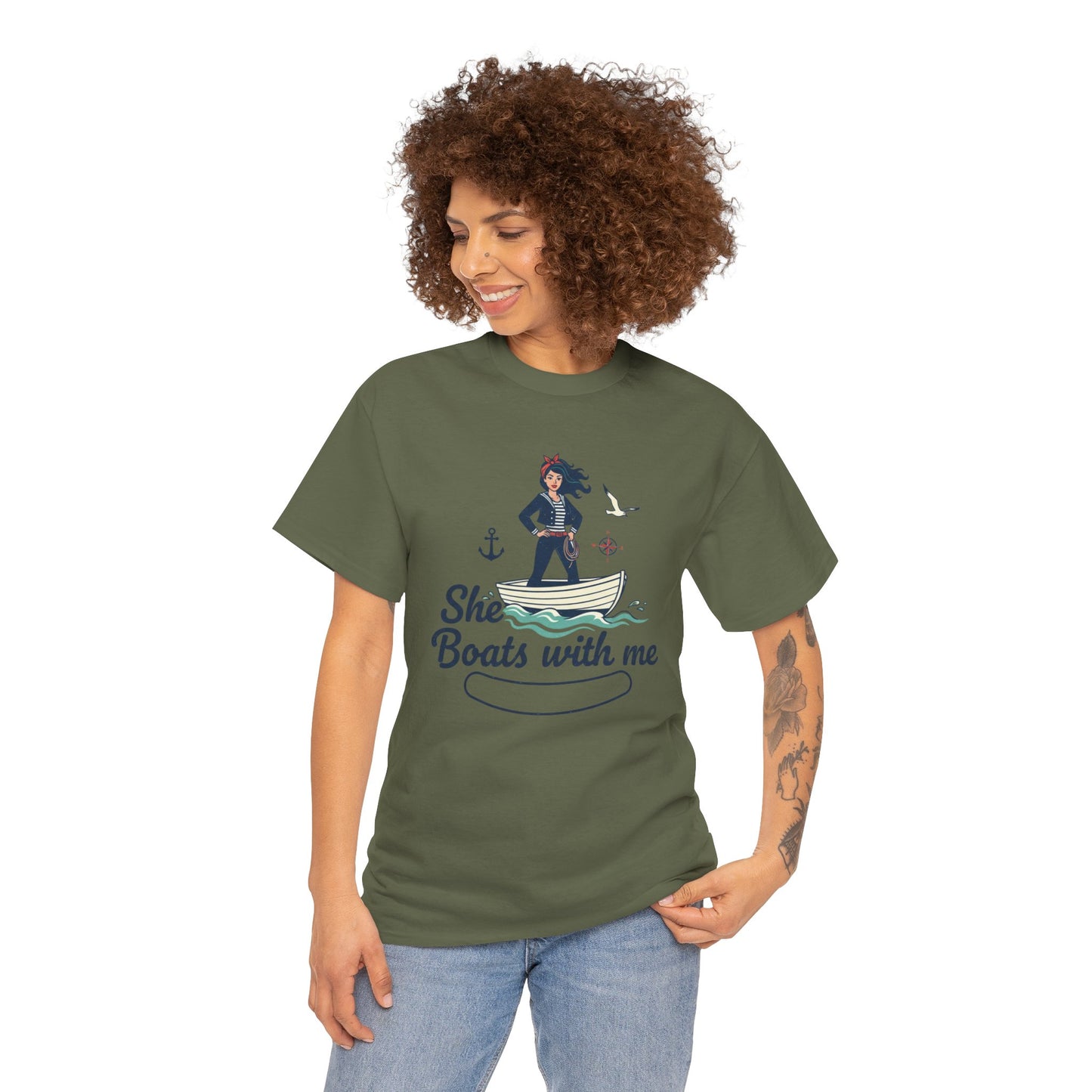 T-Shirt — "She Boats With Me" Nautical Couple Tee Printify
