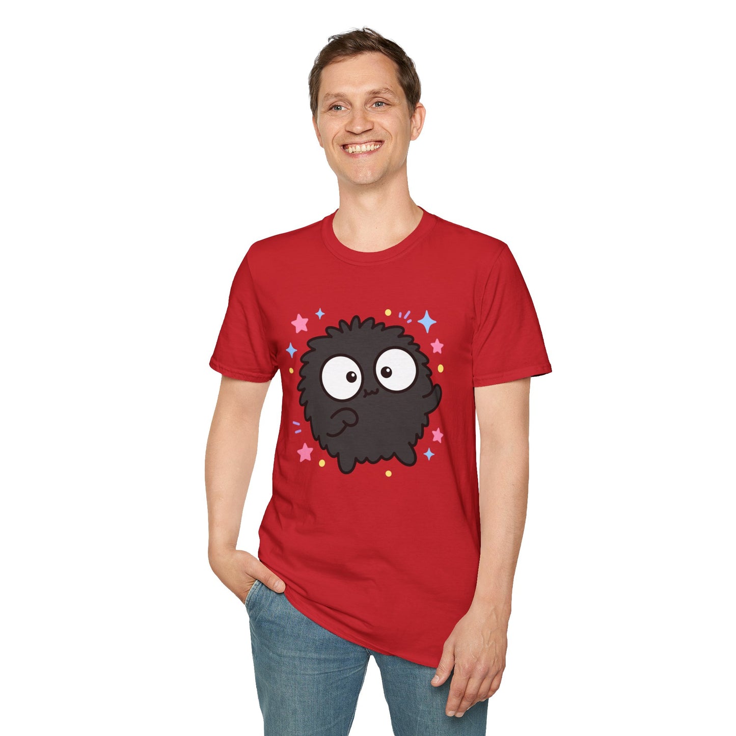 Cute Black Fuzzball T-Shirt — Kawaii Monster Tee with Stars