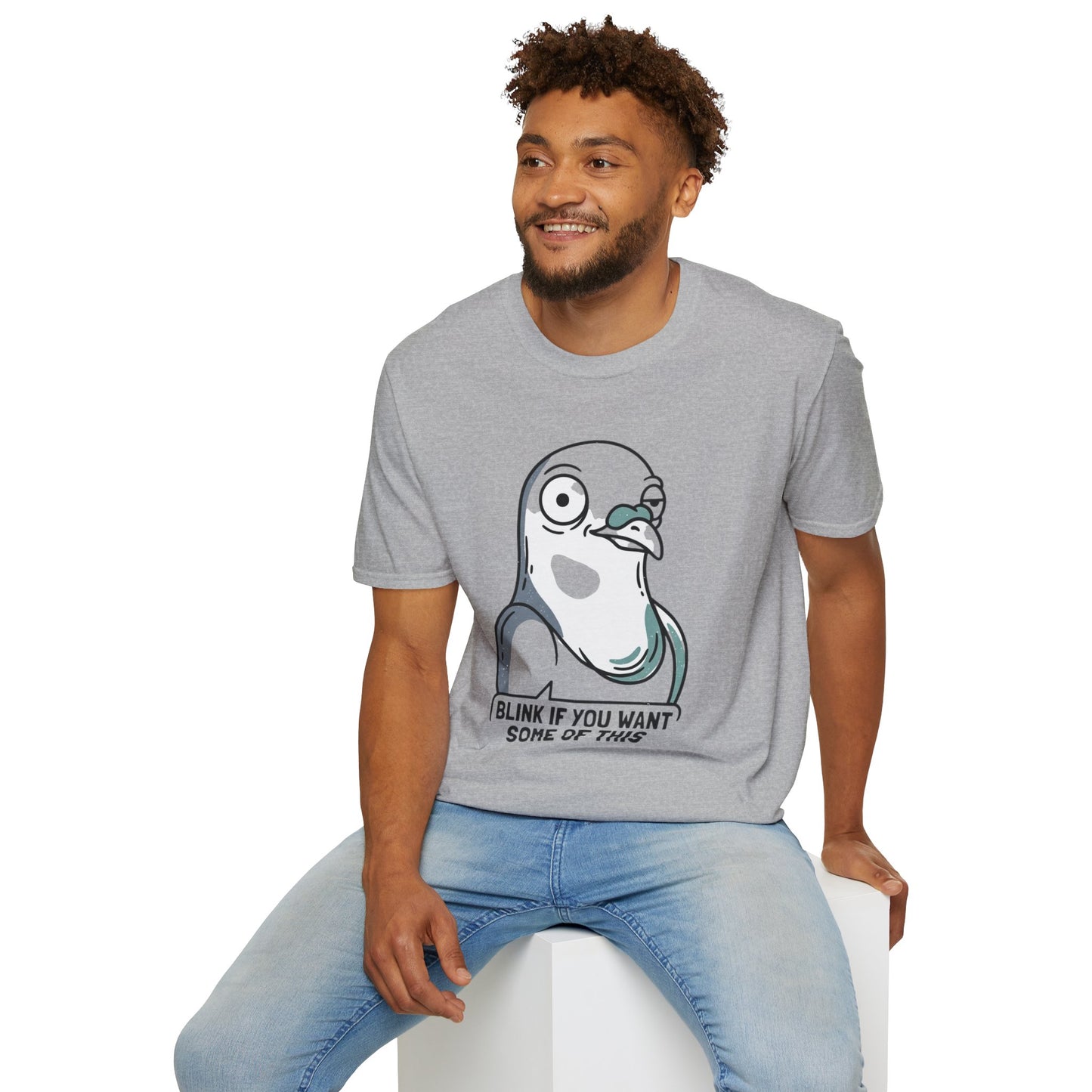 Pigeon Meme T‑Shirt — “Blink If You Want Some Of This” Funny Graphic Tee