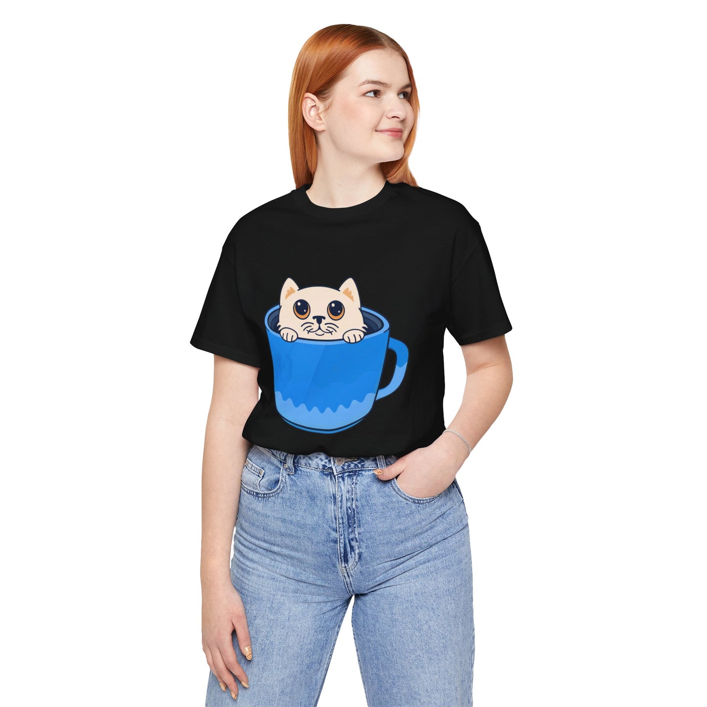 Cat in a Blue Mug T‑Shirt — Cute Kawaii Kitten Tee