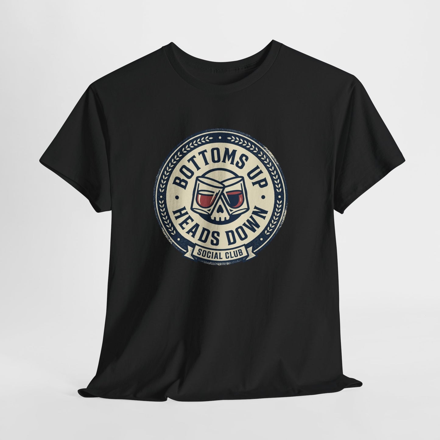 "Bottoms Up Heads Down" Skull Beer Logo Tee