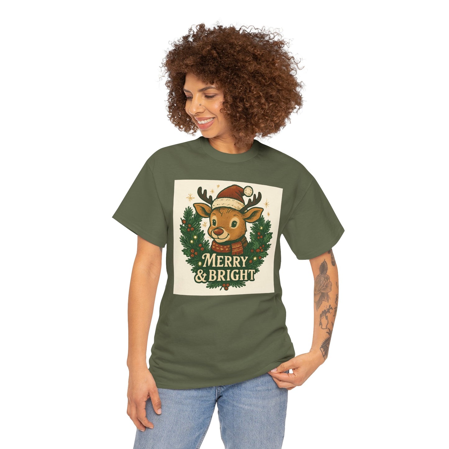 Merry & Bright Reindeer Christmas T-Shirt Printify