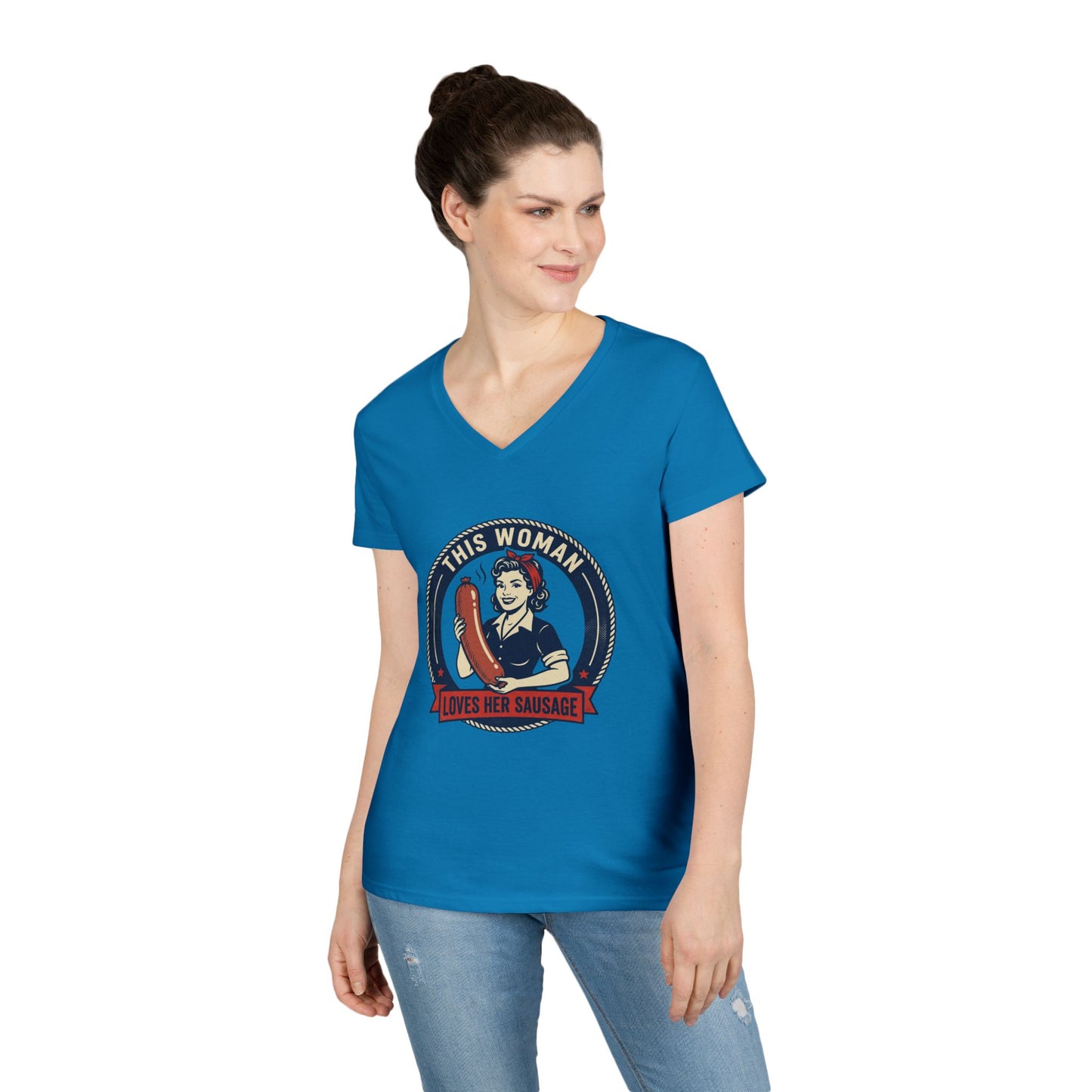 Ladies' V-Neck T-Shirt — "This Woman Loves Her Sausage" Retro Graphic Tee