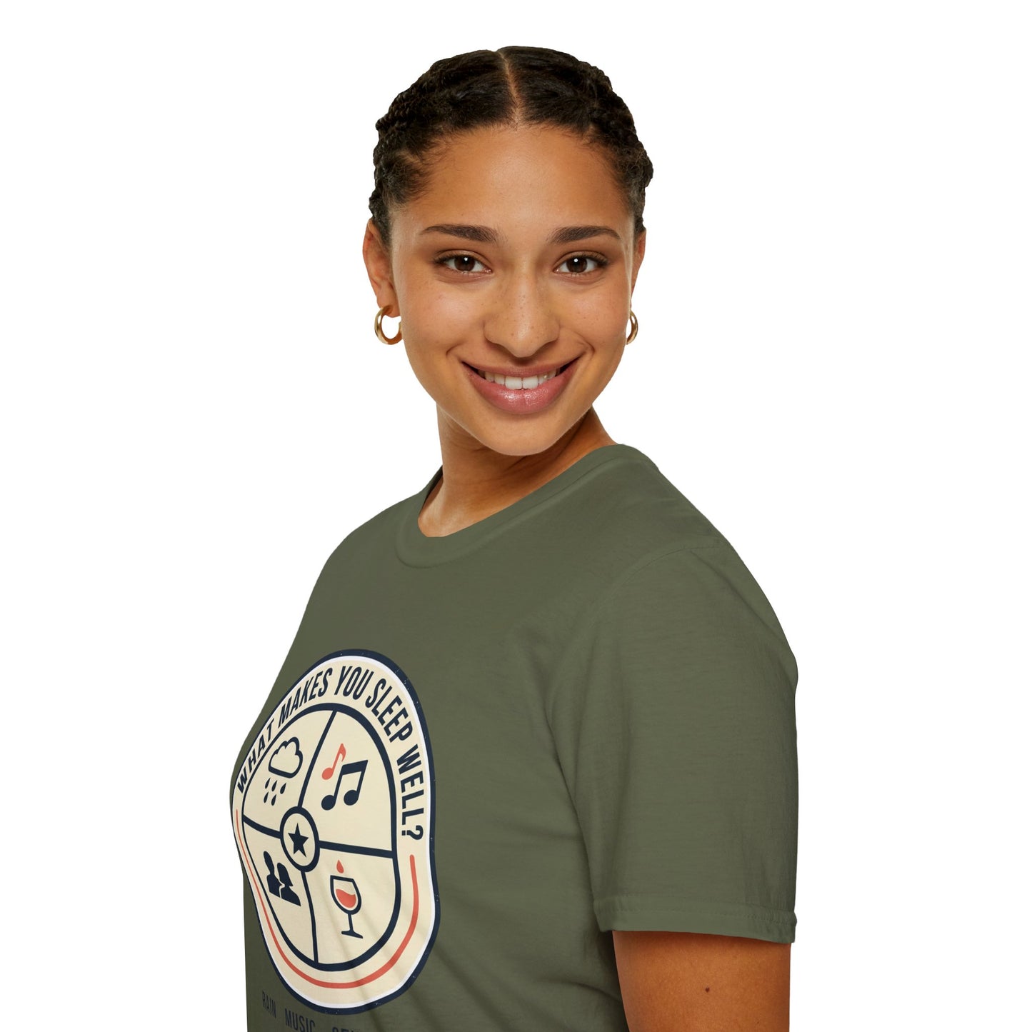 "What Makes You Sleep Well?" Rain, Music, Sex, Drink Graphic-Sleep Essentials T‑Shirt