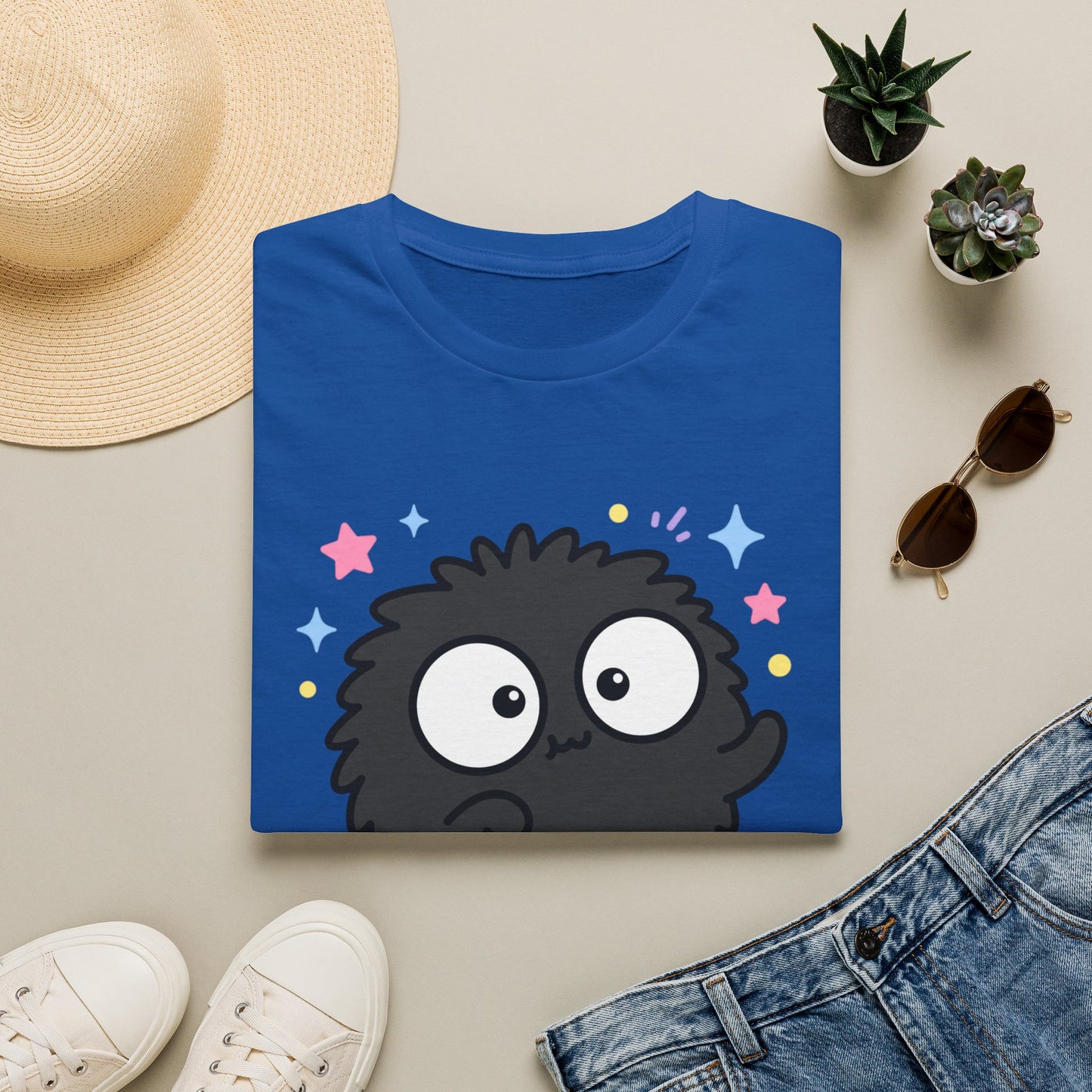 Cute Black Fuzzball T-Shirt — Kawaii Monster Tee with Stars