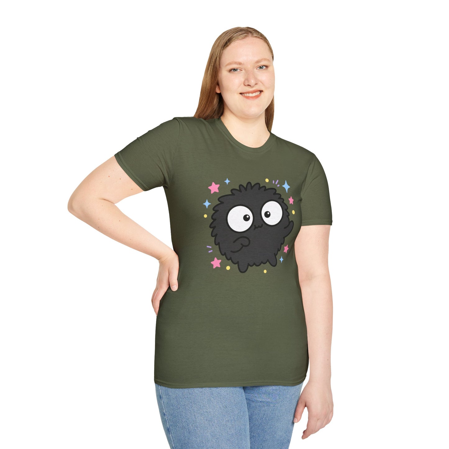 Cute Black Fuzzball T-Shirt — Kawaii Monster Tee with Stars