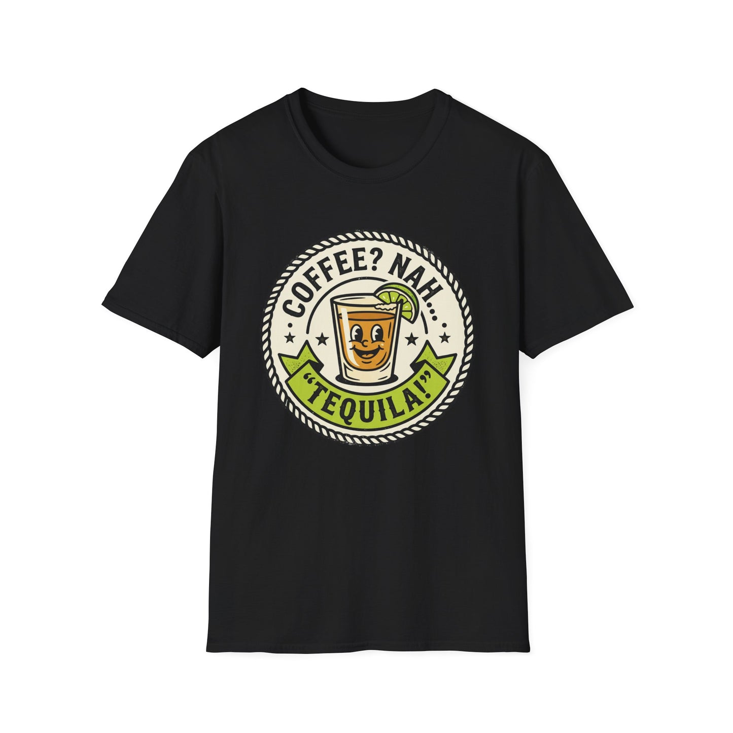 Coffee? Nah, Tequila! T-Shirt – Funny Shot Glass Graphic Tee for Party Lovers